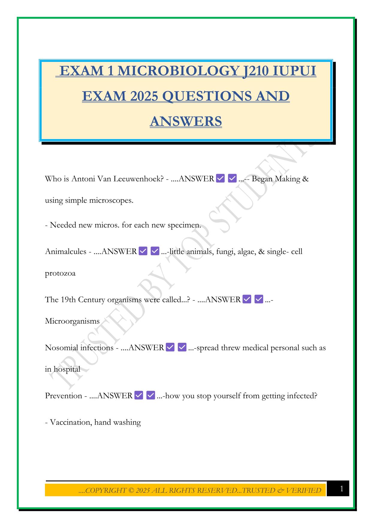EXAM 1 MICROBIOLOGY J210 IUPUI EXAM 2025 QUESTIONS AND ANSWERS