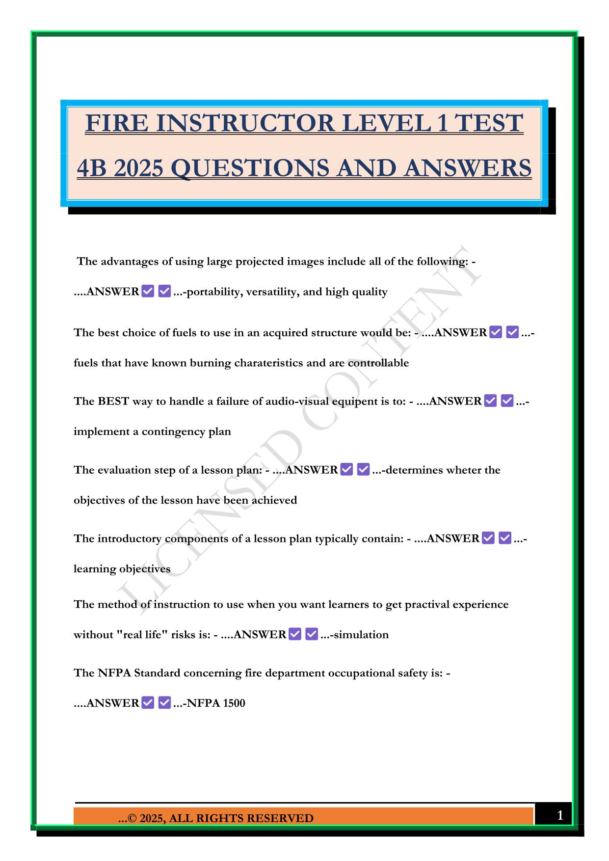 FIRE INSTRUCTOR LEVEL 1 TEST 4B 2025 QUESTIONS AND ANSWERS