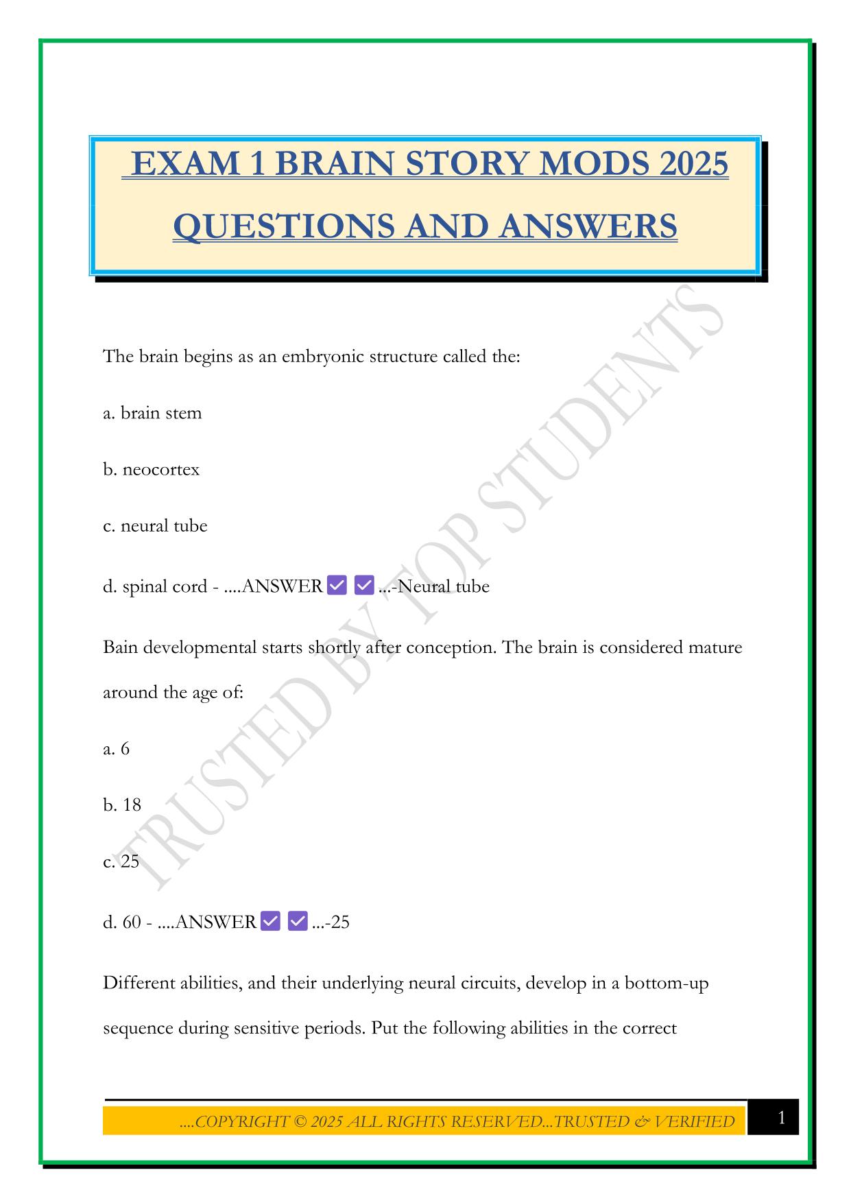 EXAM 1 BRAIN STORY MODS 2025 QUESTIONS AND ANSWERS