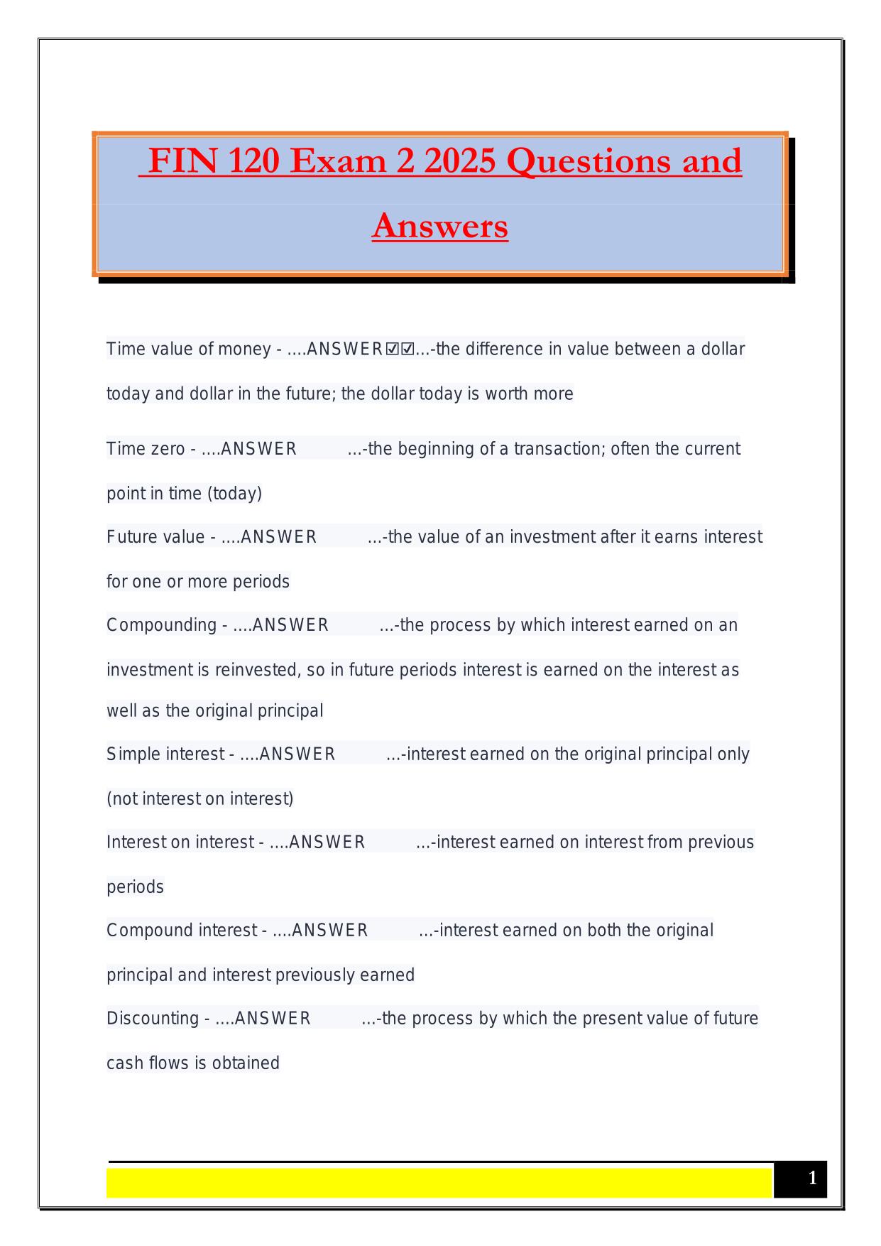 FIN 120 Exam 2 2025 Questions and Answers