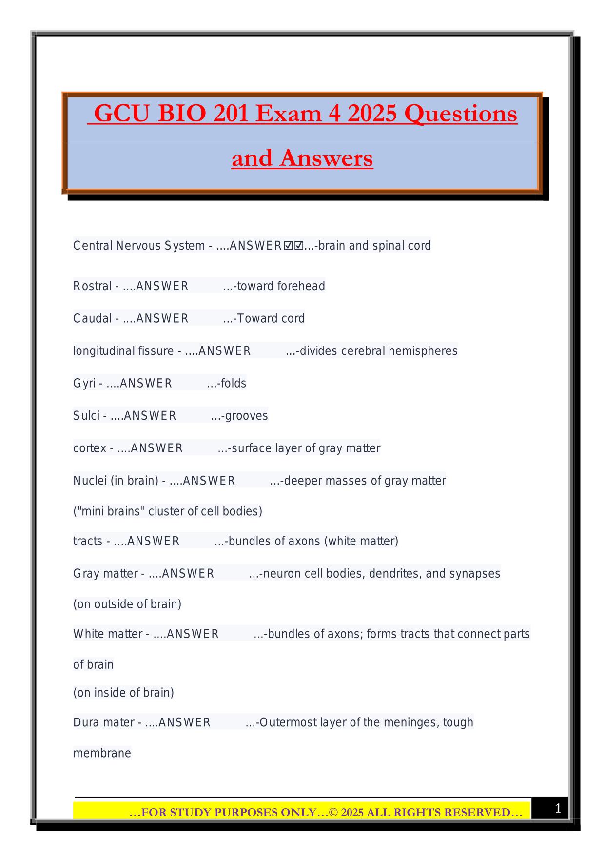 GCU BIO 201 Exam 4 2025 Questions and Answers