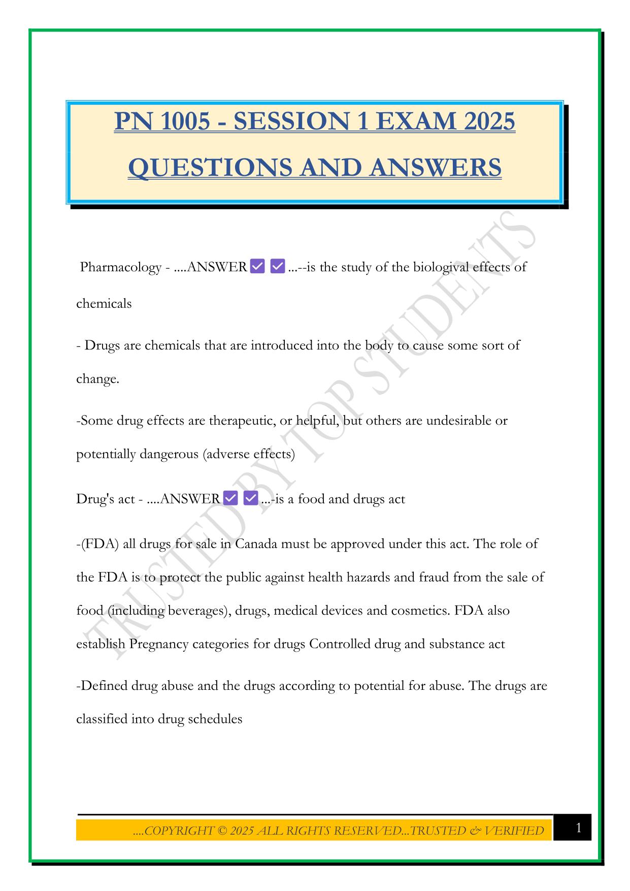 PN 1005 - SESSION 1 EXAM 2025 QUESTIONS AND ANSWERS
