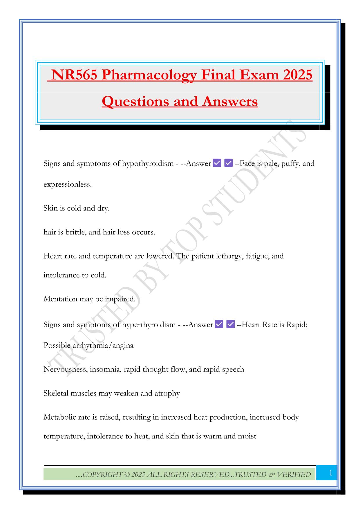 NR565 Pharmacology Final Exam 2025 Questions and Answers