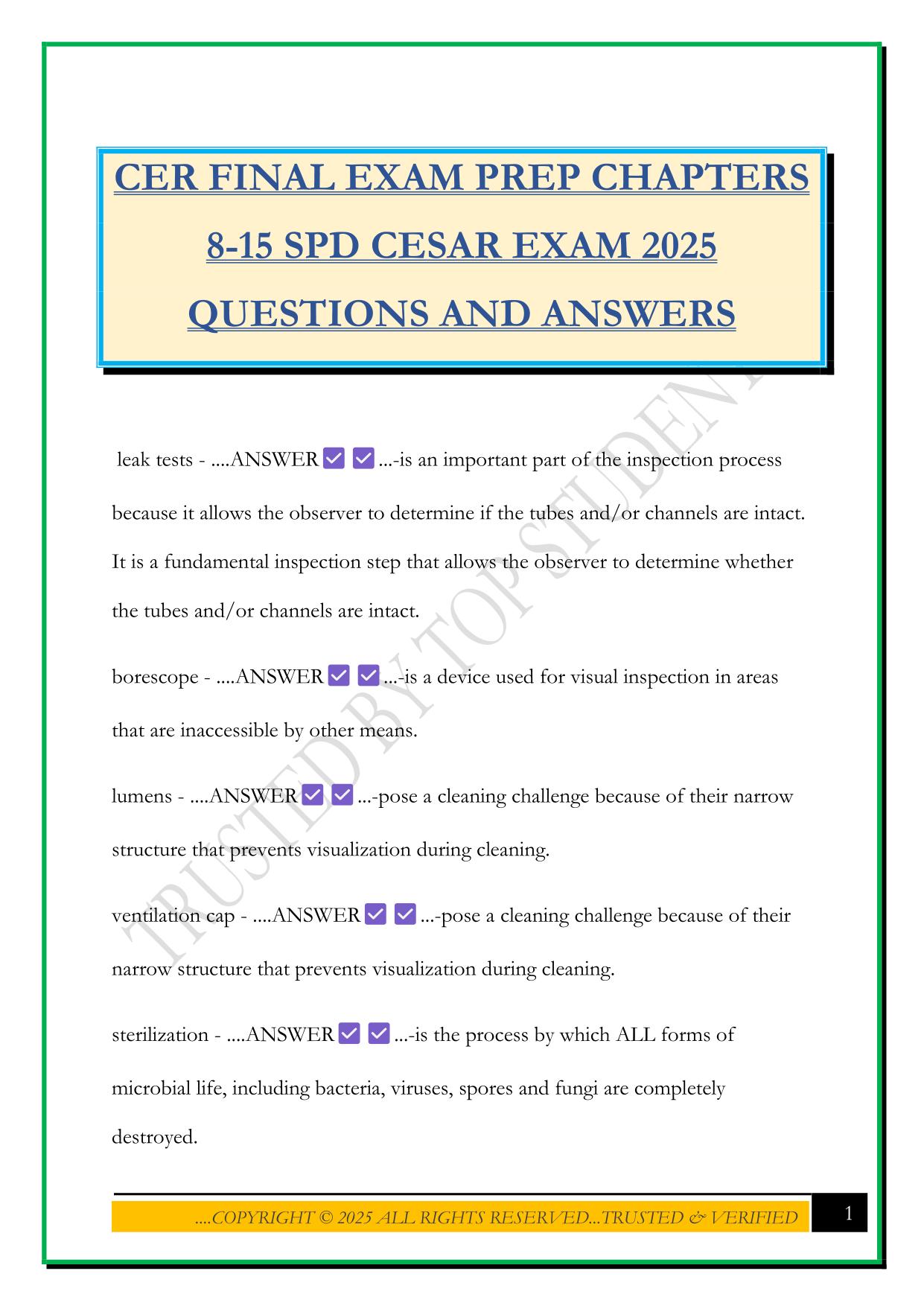CER FINAL EXAM PREP CHAPTERS 8-15 SPD CESAR EXAM 2025 QUESTIONS AND ANSWERS