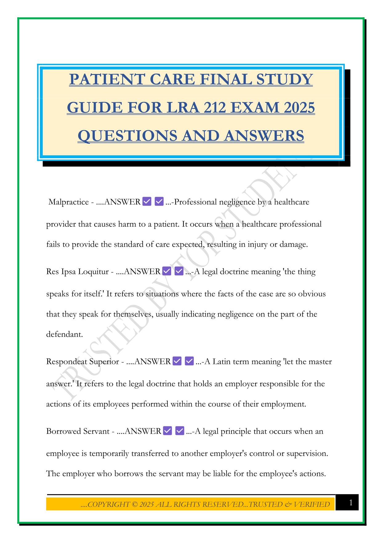 PATIENT CARE FINAL STUDY GUIDE FOR LRA 212 EXAM 2025 QUESTIONS AND ANSWERS