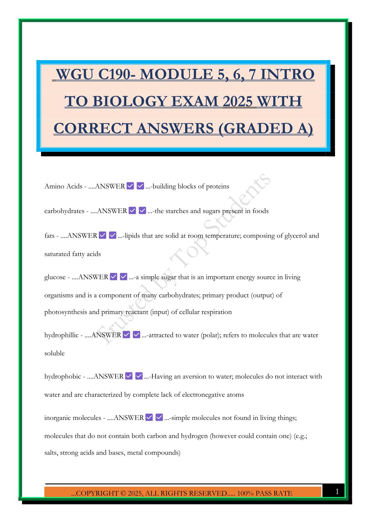 WGU C190- MODULE 5, 6, 7 INTRO TO BIOLOGY EXAM 2025 WITH CORRECT ANSWERS (GRADED A)