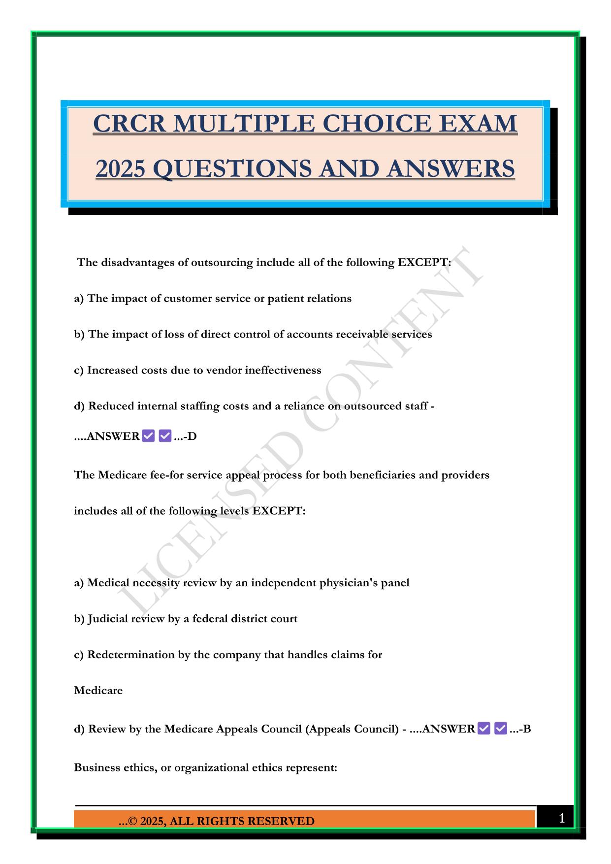 CRCR MULTIPLE CHOICE EXAM 2025 QUESTIONS AND ANSWERS