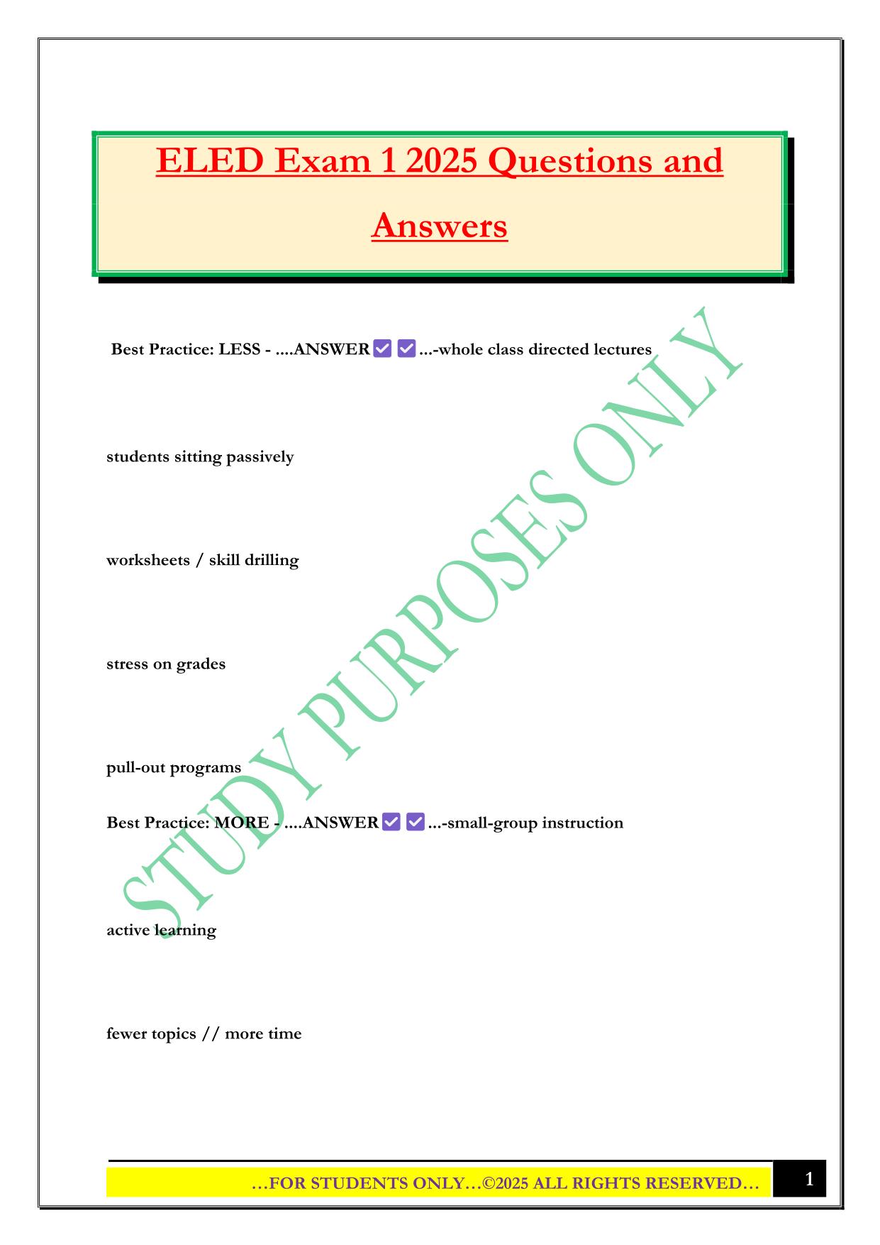 ELED Exam 1 2025 Questions and Answers