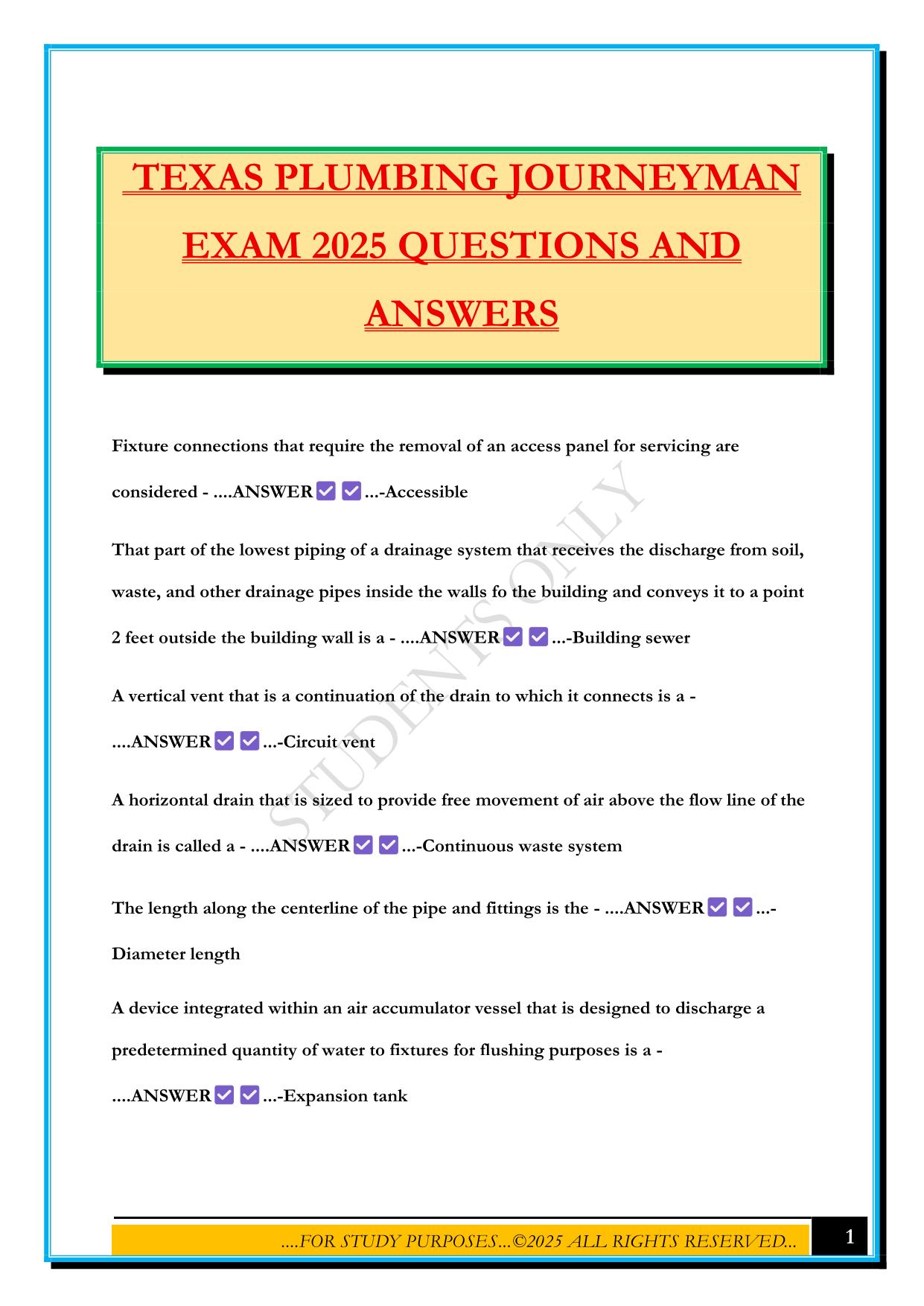 TEXAS PLUMBING JOURNEYMAN EXAM 2025 QUESTIONS AND ANSWERS