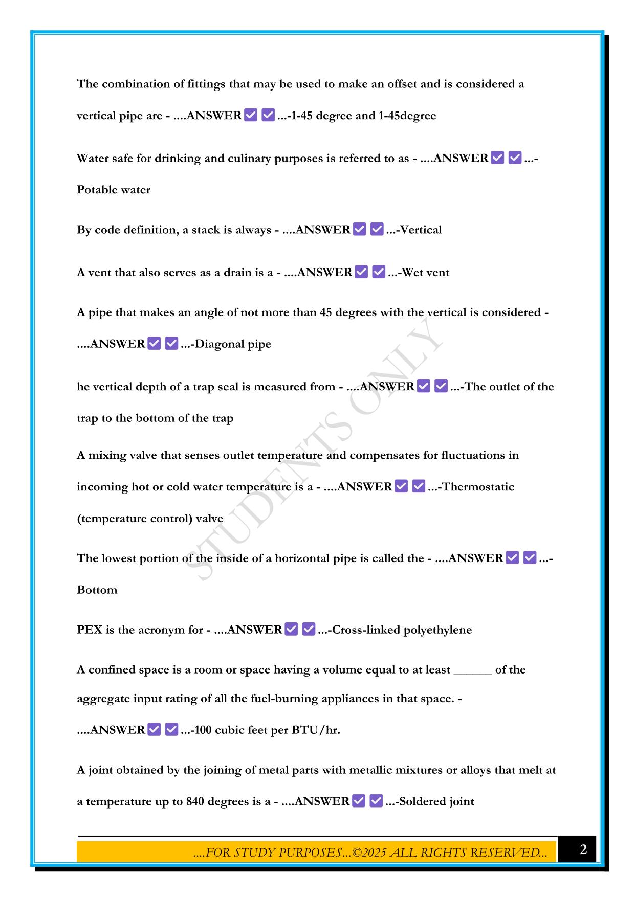 TEXAS PLUMBING JOURNEYMAN EXAM 2025 QUESTIONS AND ANSWERS