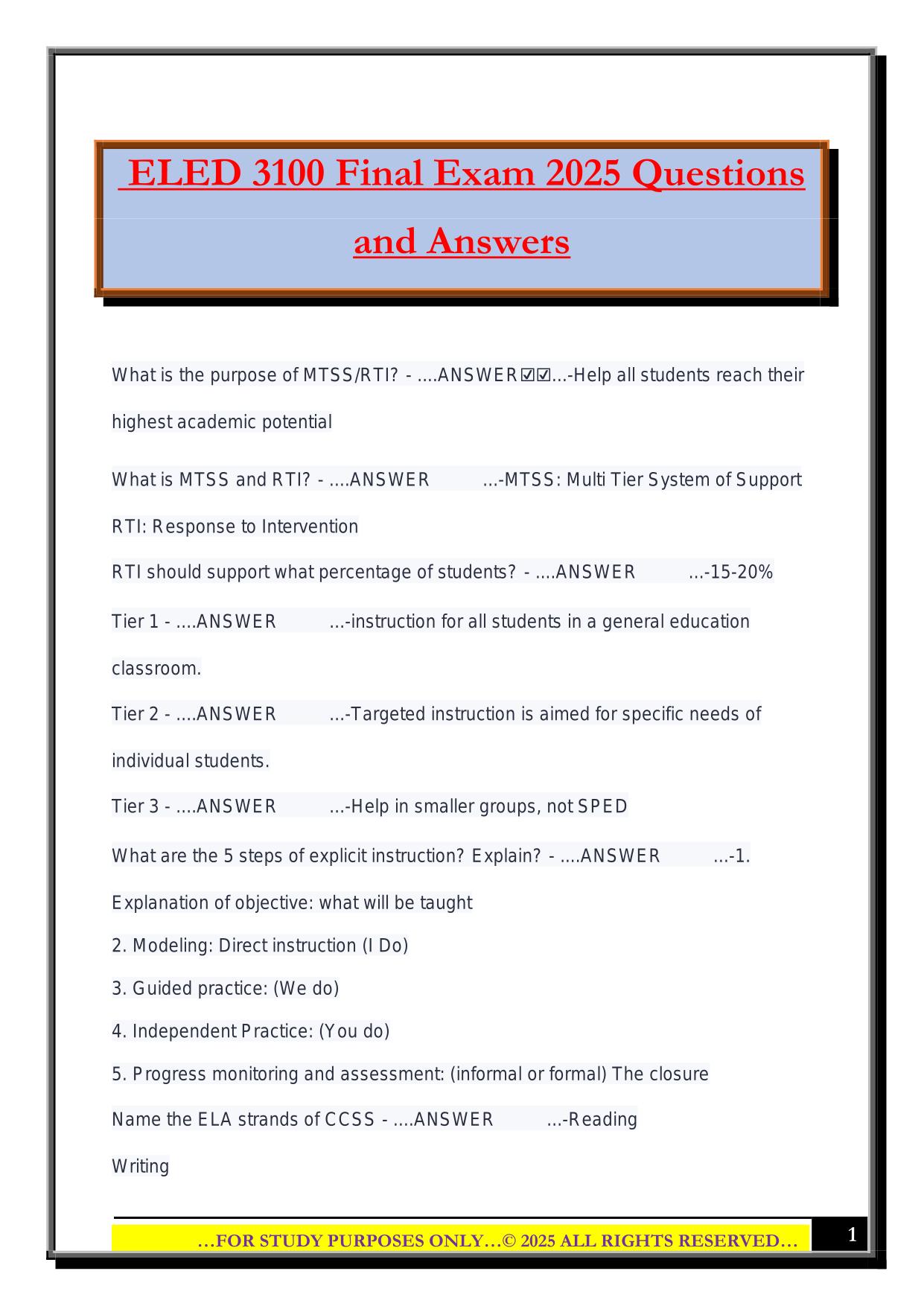 ELED 3100 Final Exam 2025 Questions and Answers