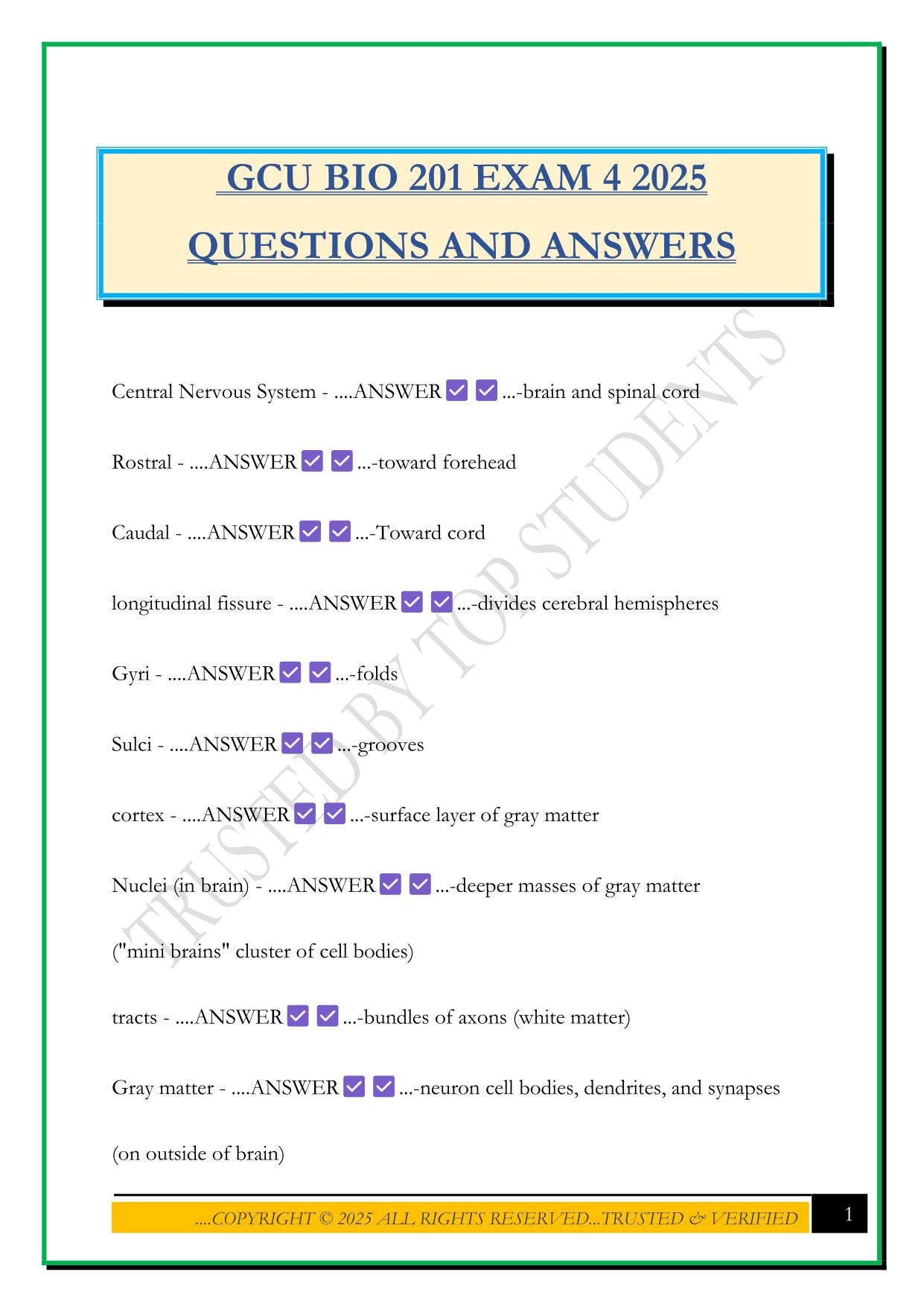 GCU BIO 201 EXAM 4 2025 QUESTIONS AND ANSWERS