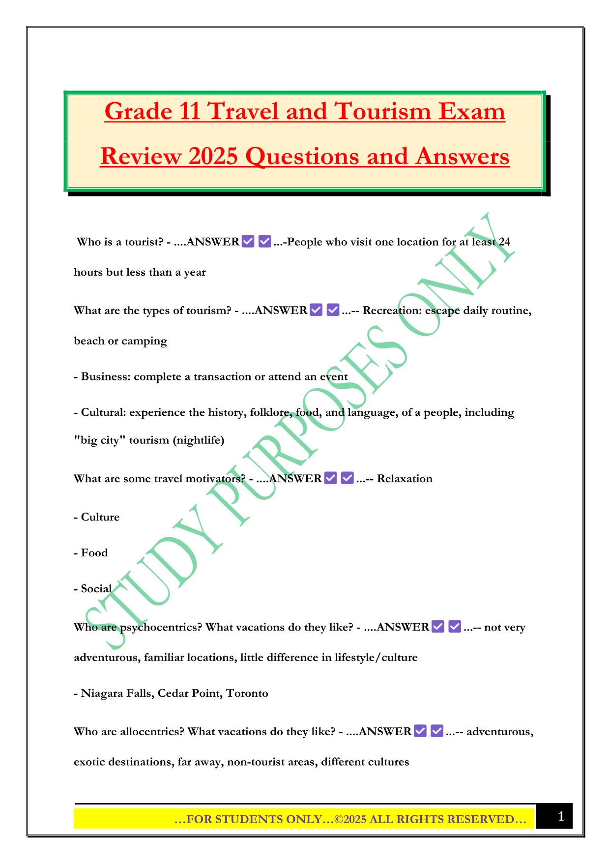 Grade 11 Travel and Tourism Exam Review 2025 Questions and Answers