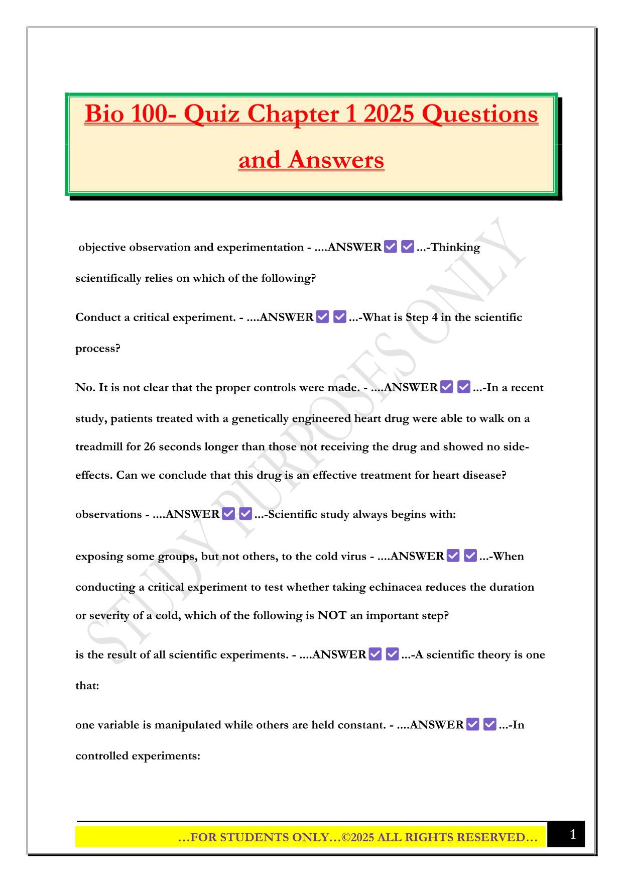 Bio 100- Quiz Chapter 1 2025 Questions and Answers