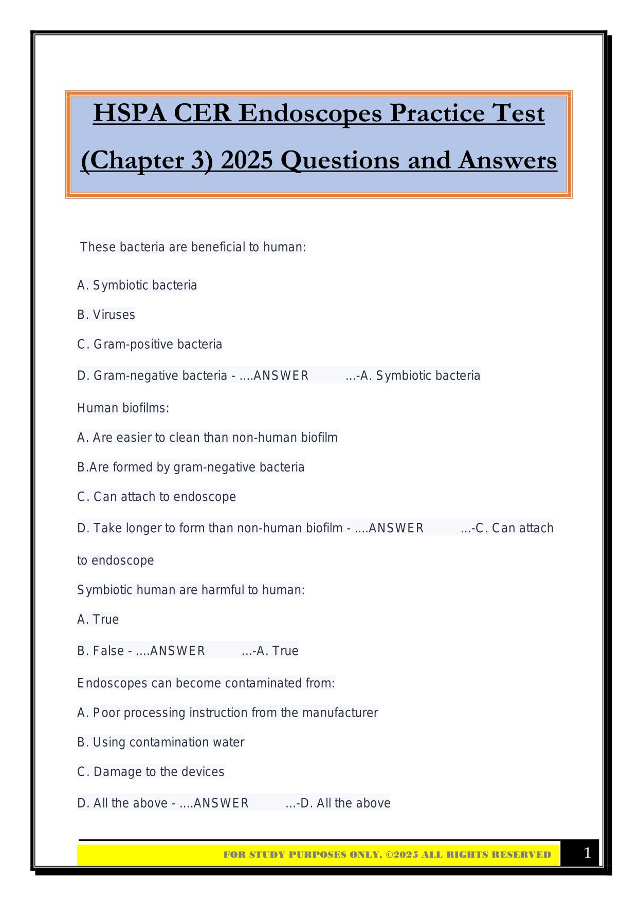 HSPA CER Endoscopes Practice Test (Chapter 3) 2025 Questions and Answers