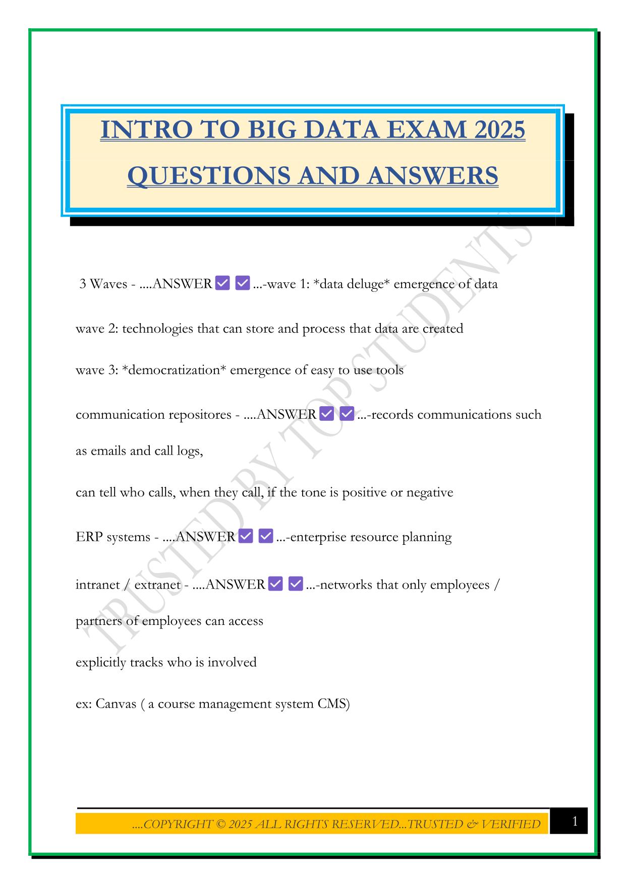 INTRO TO BIG DATA EXAM 2025 QUESTIONS AND ANSWERS