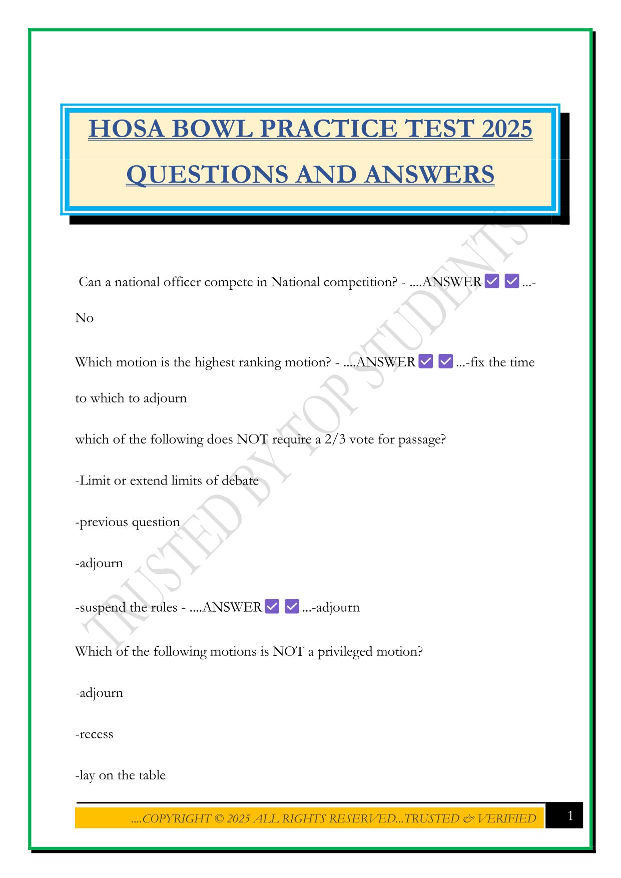 HOSA BOWL PRACTICE TEST 2025 QUESTIONS AND ANSWERS