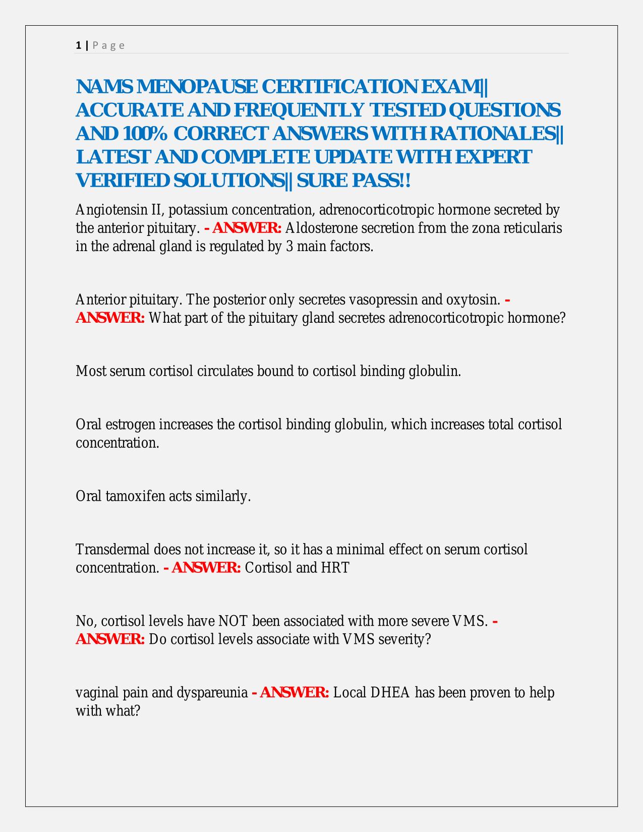 NAMS MENOPAUSE CERTIFICATION EXAM|| ACCURATE AND FREQUENTLY TESTED QUESTIONS AND 100% CORRECT ANSWERS WITH RATIONALES|| LATEST AND COMPLETE UPDATE WITH EXPERT VERIFIED SOLUTIONS|| SURE PASS!!
