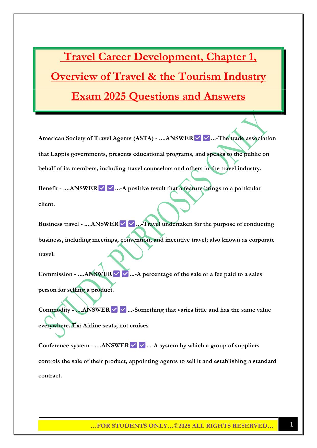 Travel Career Development, Chapter 1, Overview of Travel & the Tourism Industry Exam 2025 Questions and Answers
