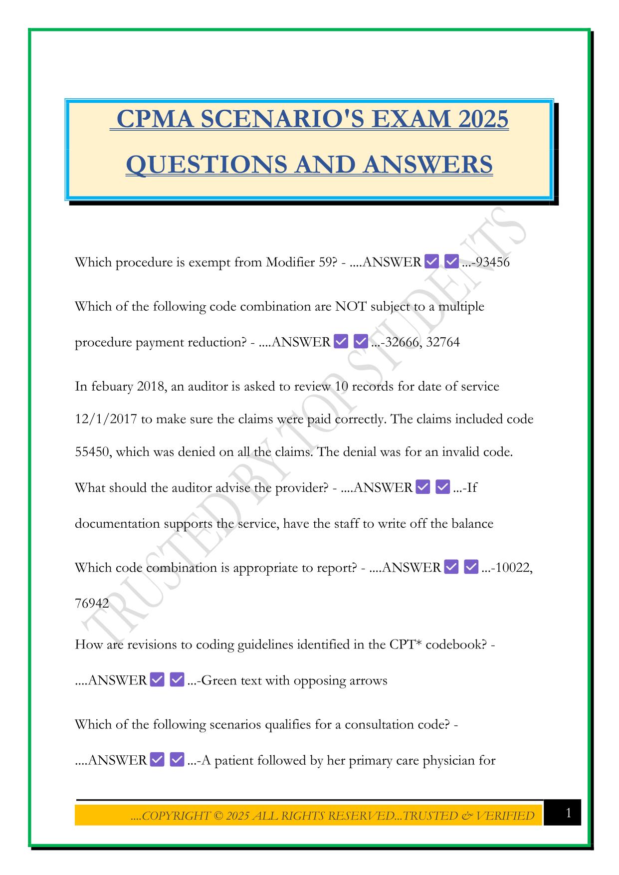 CPMA SCENARIO'S EXAM 2025 QUESTIONS AND ANSWERS