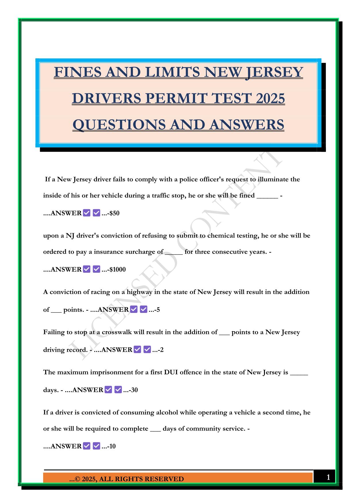 FINES AND LIMITS NEW JERSEY DRIVERS PERMIT TEST 2025 QUESTIONS AND ANSWERS