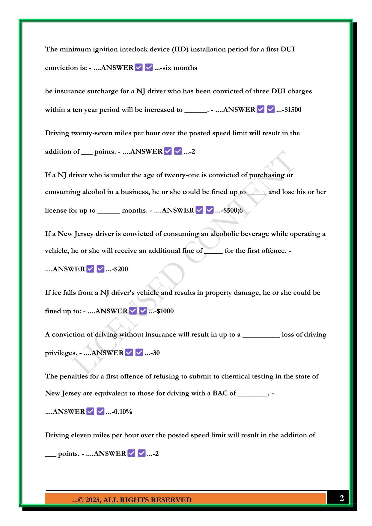 FINES AND LIMITS NEW JERSEY DRIVERS PERMIT TEST 2025 QUESTIONS AND ANSWERS