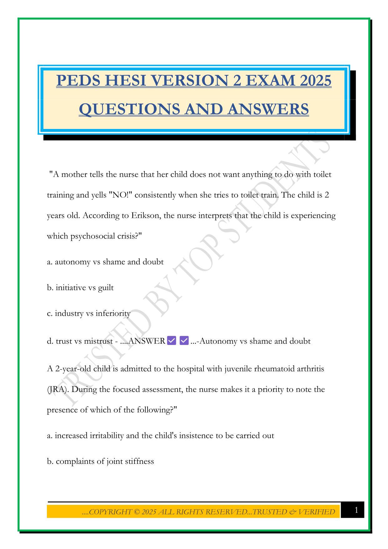 PEDS HESI VERSION 2 EXAM 2025 QUESTIONS AND ANSWERS