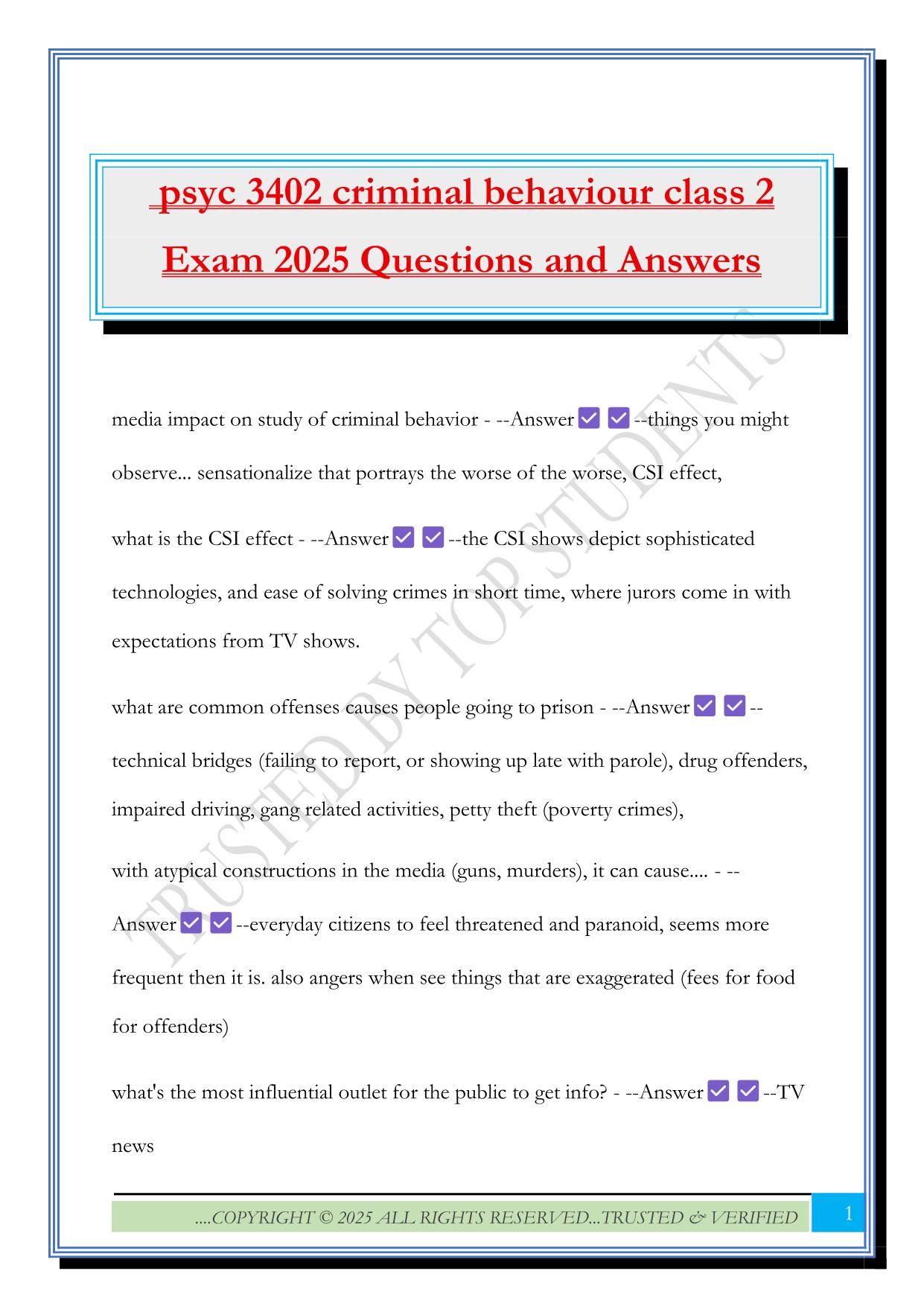 psyc 3402 criminal behaviour class 2 Exam 2025 Questions and Answers