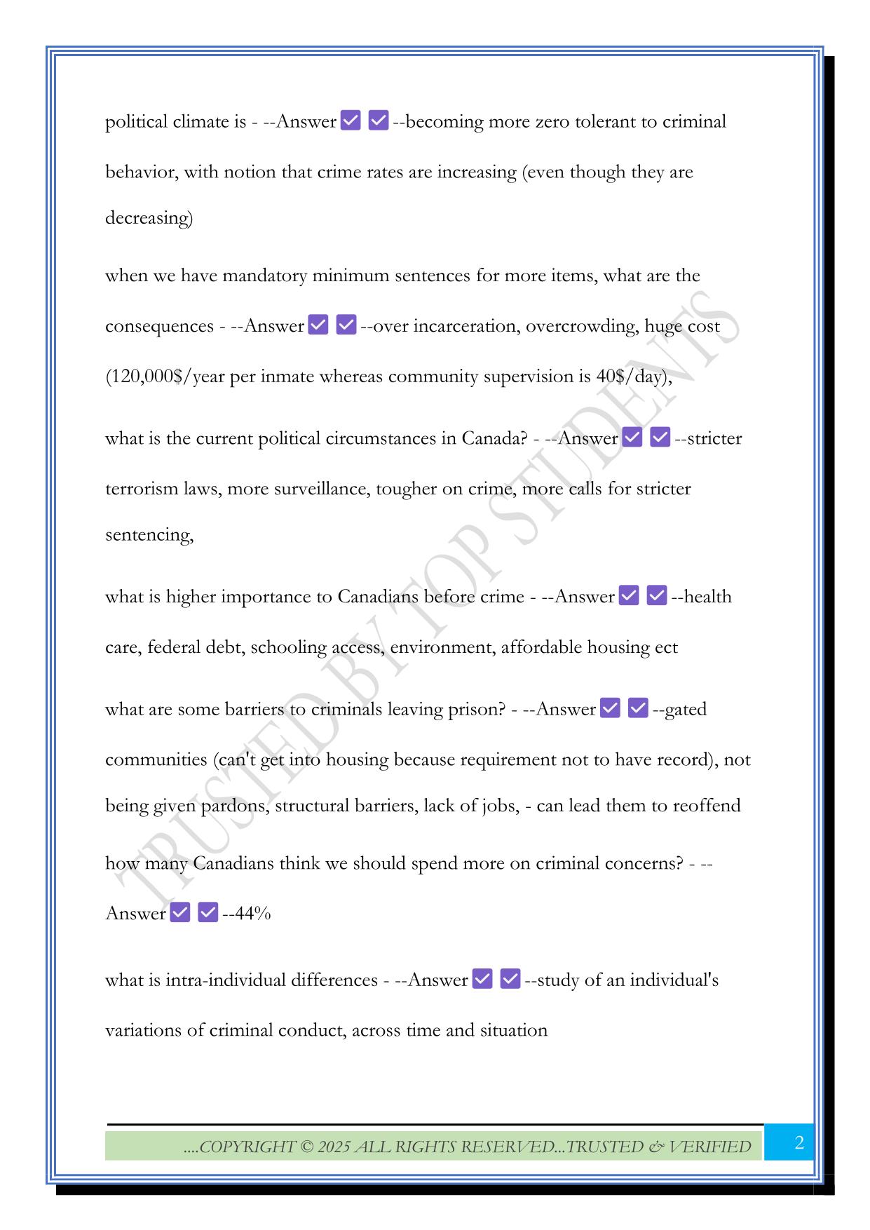 psyc 3402 criminal behaviour class 2 Exam 2025 Questions and Answers