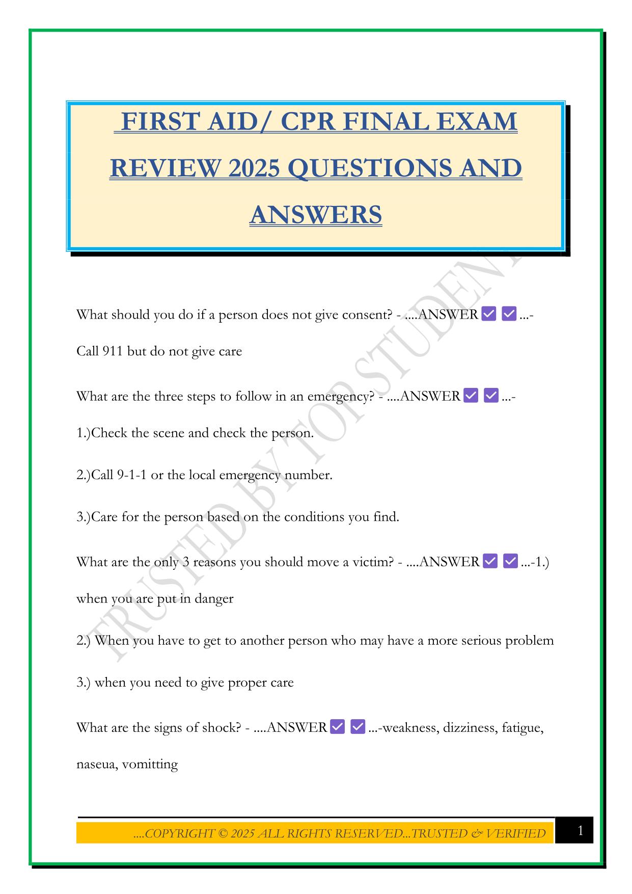FIRST AID/ CPR FINAL EXAM REVIEW 2025 QUESTIONS AND ANSWERS