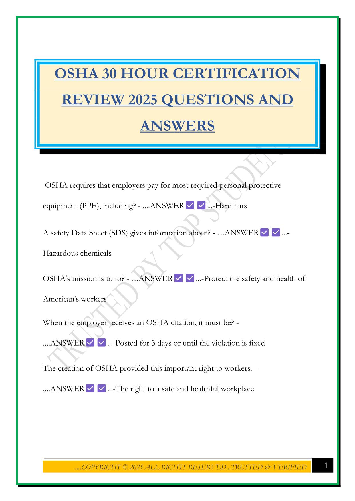 OSHA 30 HOUR CERTIFICATION REVIEW 2025 QUESTIONS AND ANSWERS