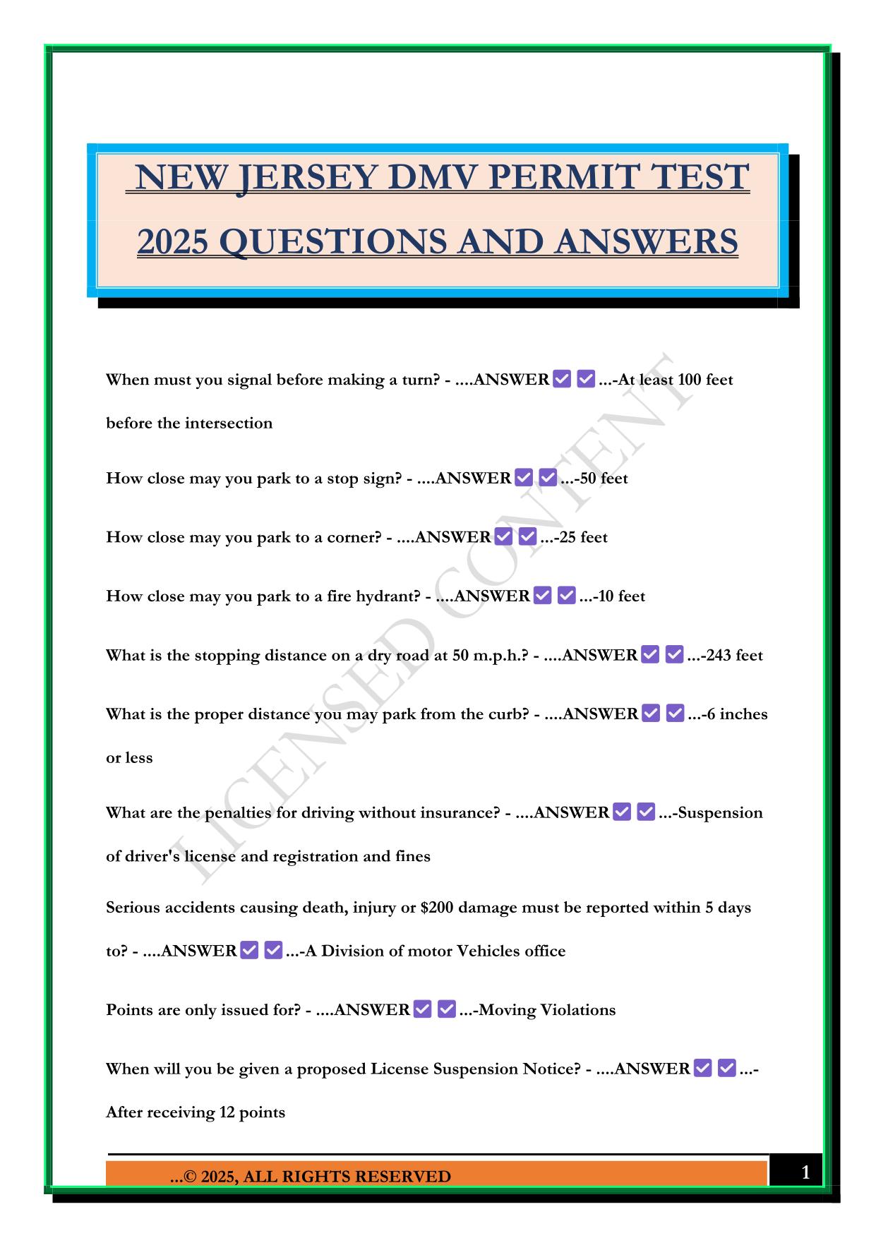 NEW JERSEY DMV PERMIT TEST 2025 QUESTIONS AND ANSWERS