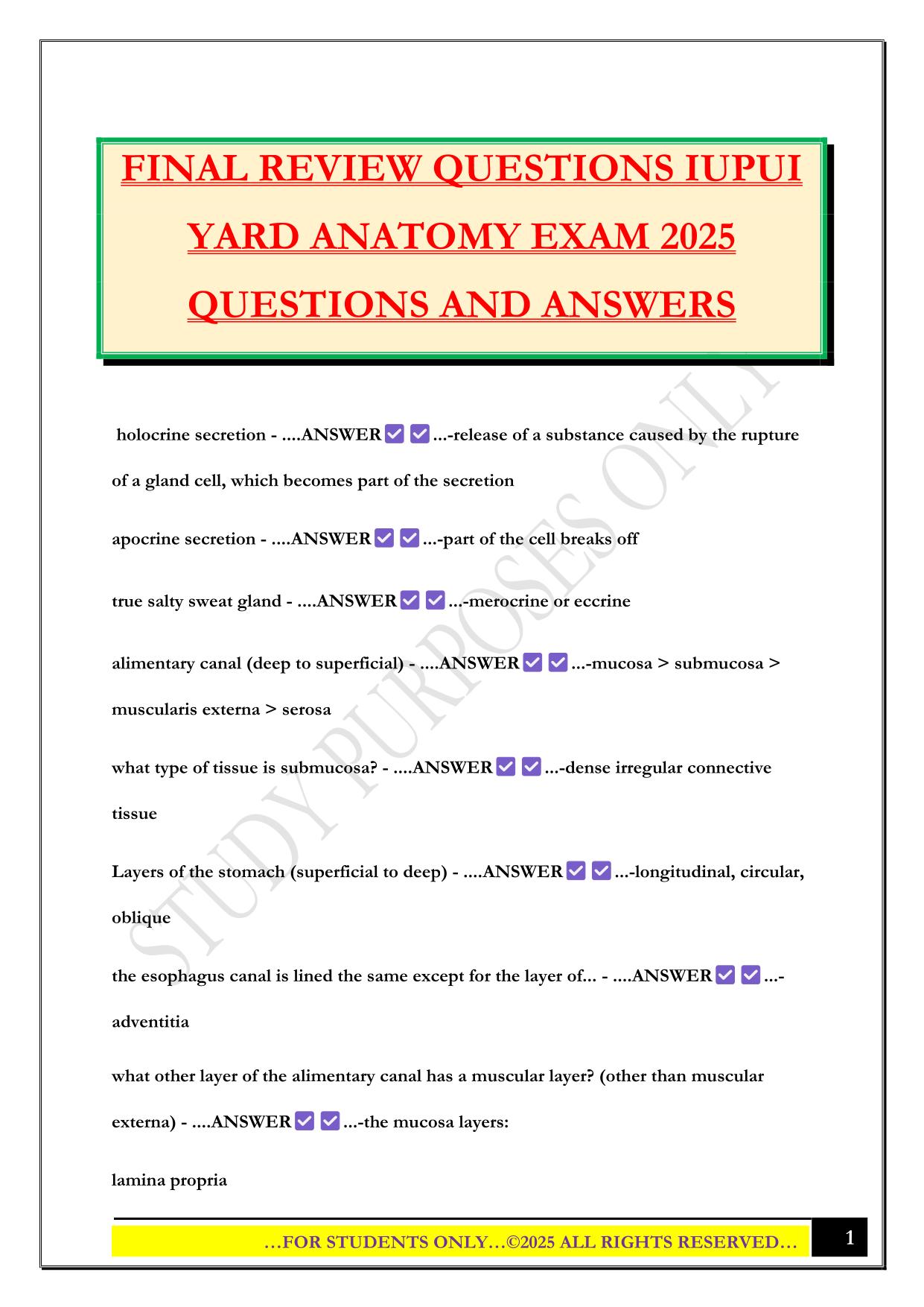 FINAL REVIEW QUESTIONS IUPUI YARD ANATOMY EXAM 2025 QUESTIONS AND ANSWERS