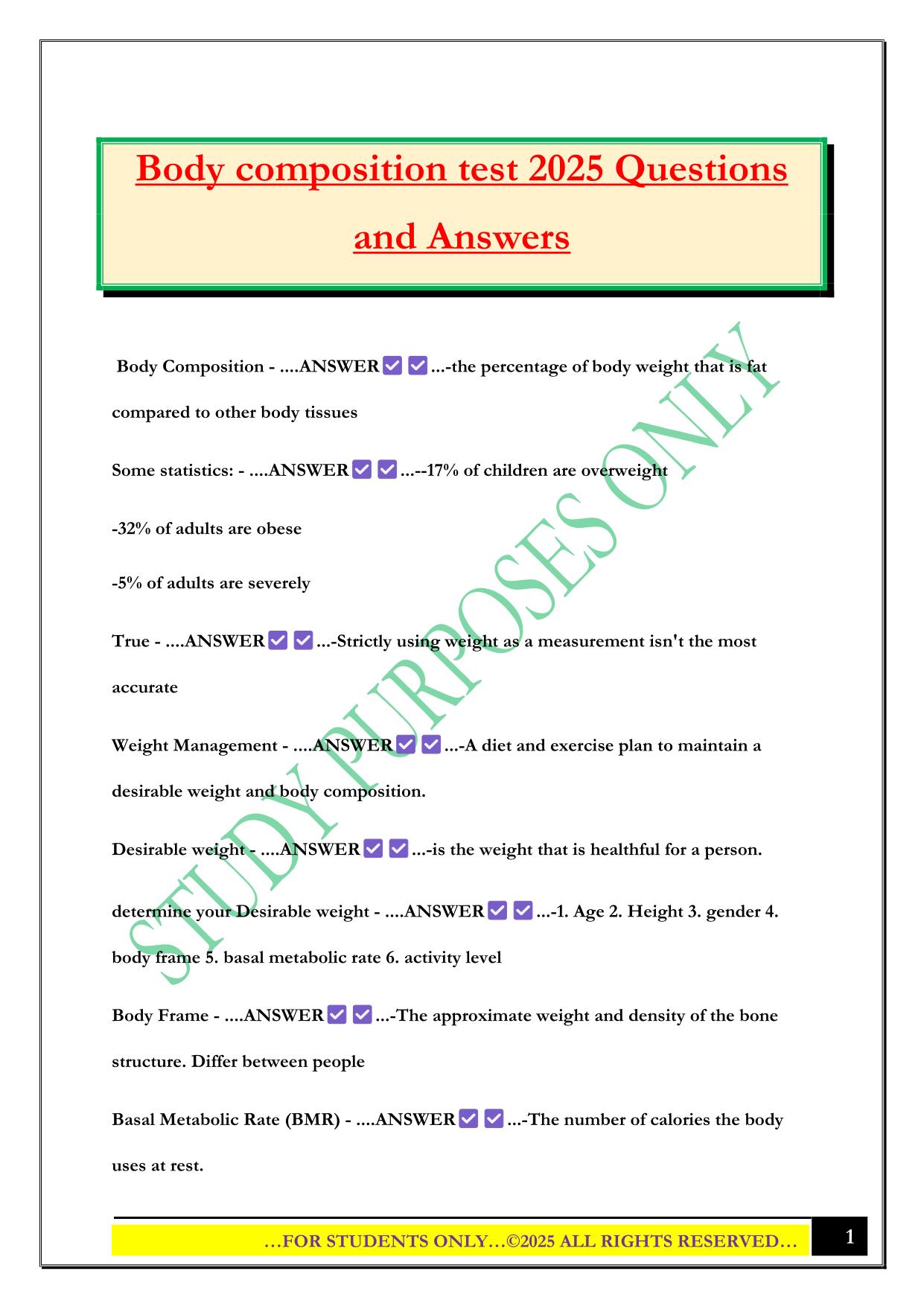 Body composition test 2025 Questions and Answers