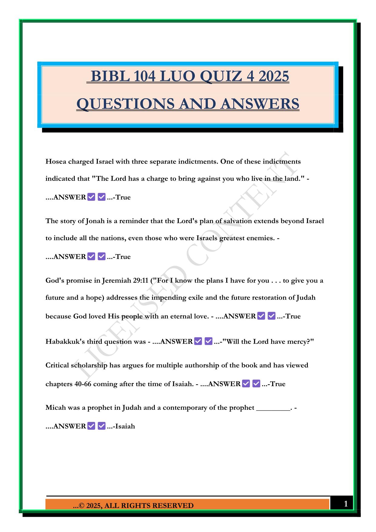BIBL 104 LUO QUIZ 4 2025 QUESTIONS AND ANSWERS