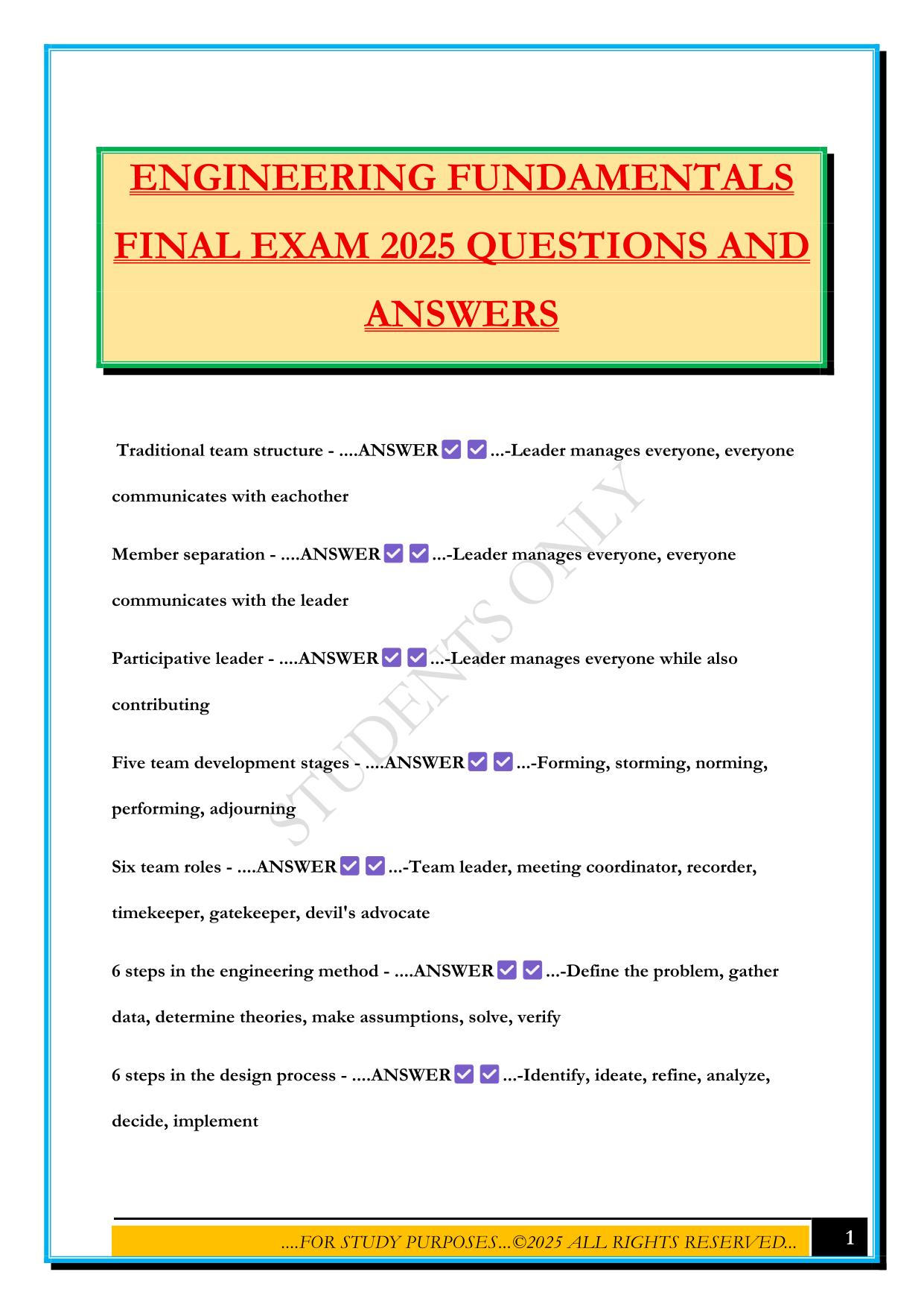 ENGINEERING FUNDAMENTALS FINAL EXAM 2025 QUESTIONS AND ANSWERS