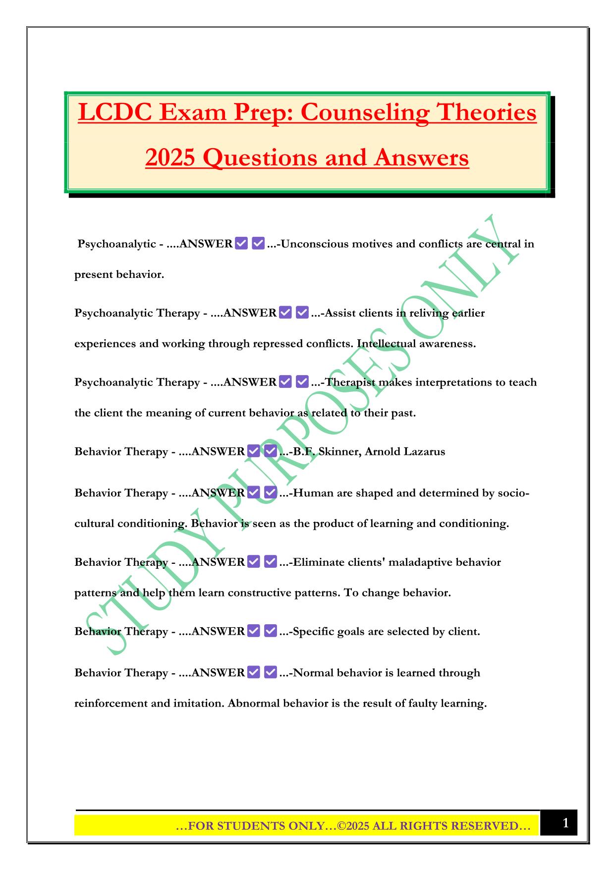LCDC Exam Prep: Counseling Theories 2025 Questions and Answers