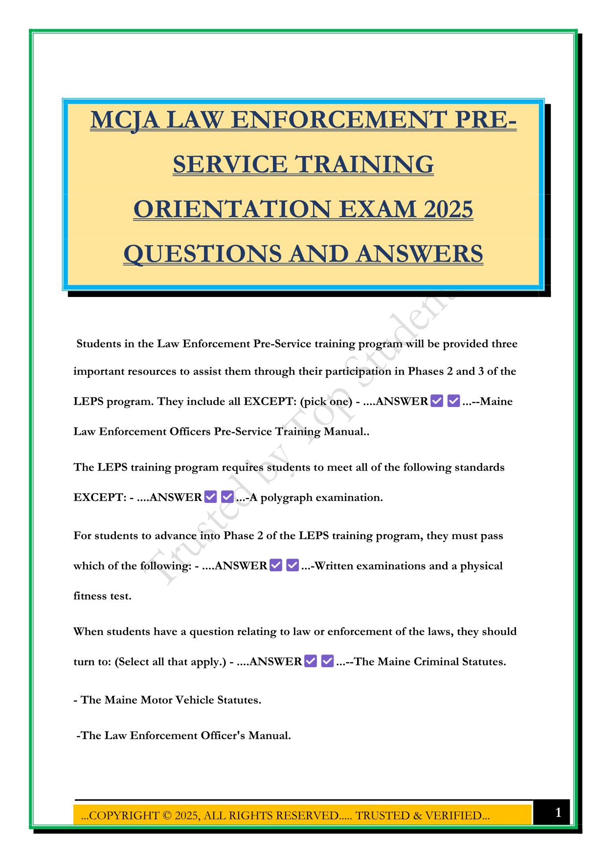 MCJA LAW ENFORCEMENT PRE- SERVICE TRAINING ORIENTATION EXAM 2025 QUESTIONS AND ANSWERS