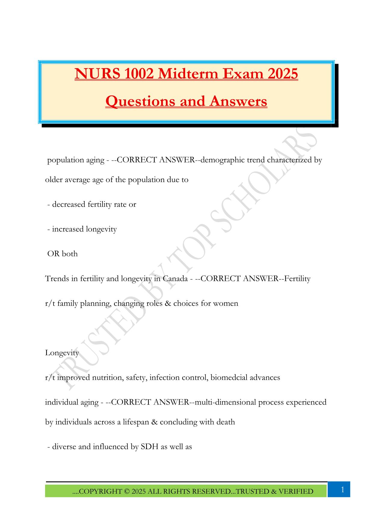 NURS 1002 Midterm Exam 2025 Questions and Answers