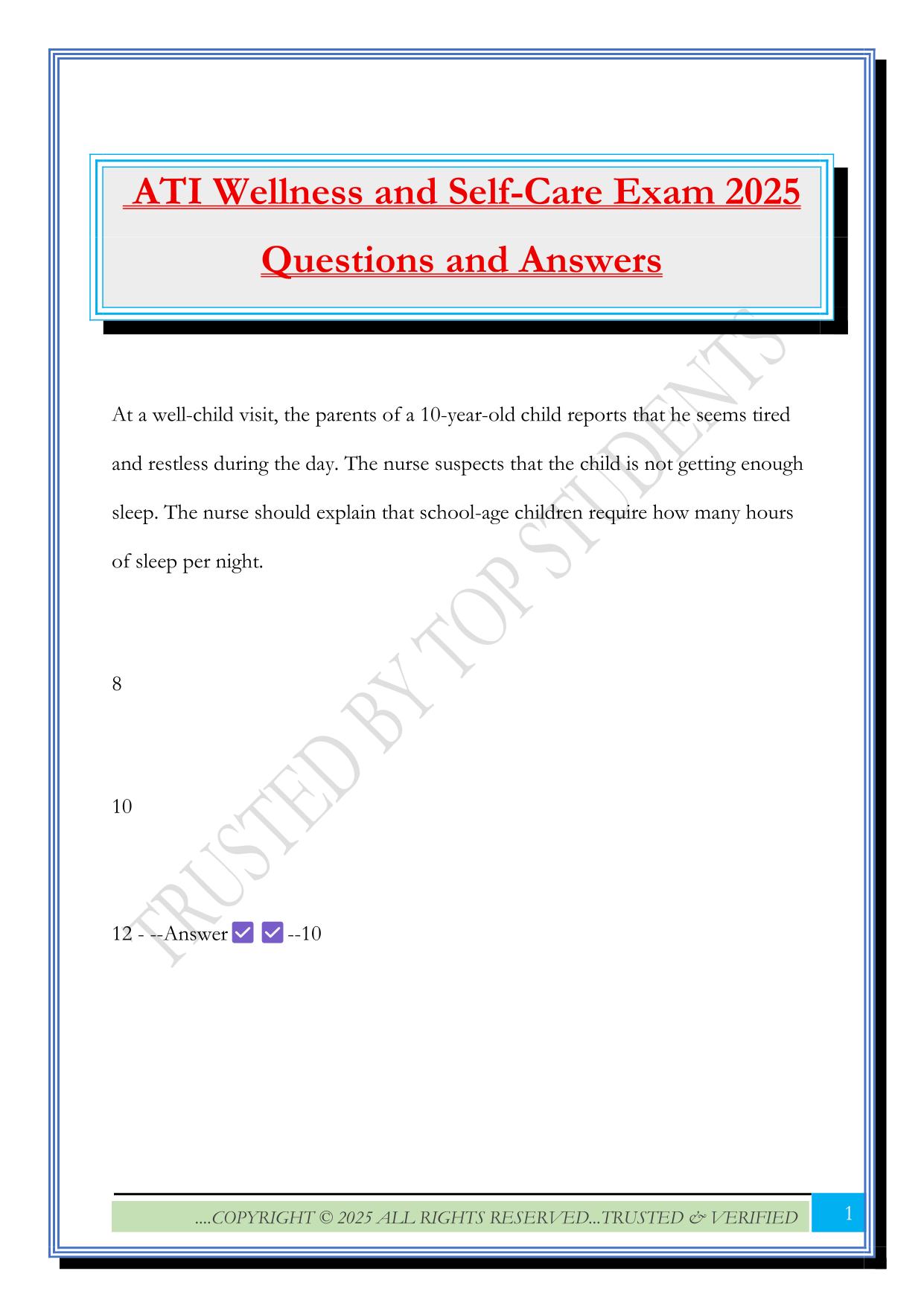 ATI Wellness and Self-Care Exam 2025 Questions and Answers