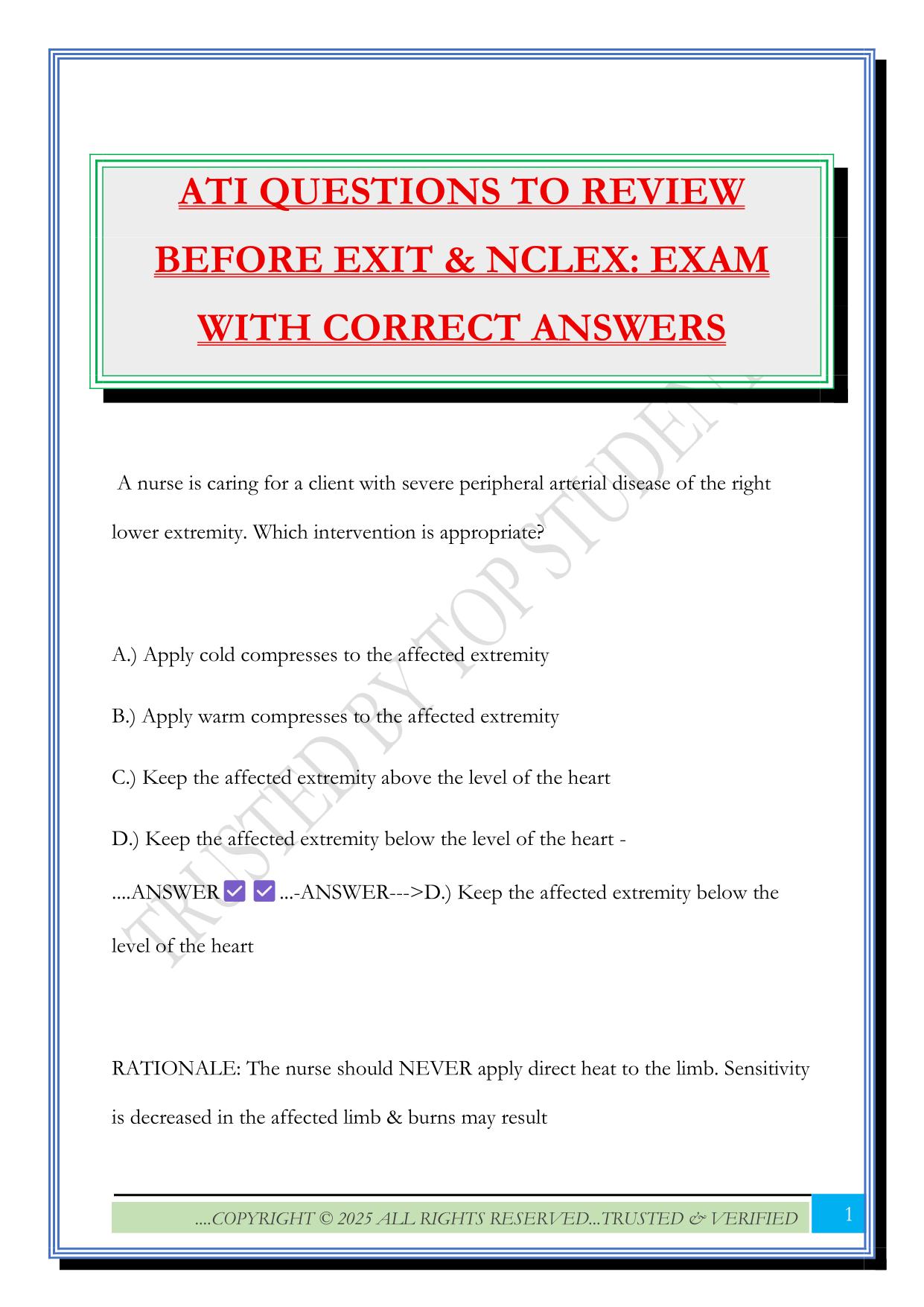 ATI QUESTIONS TO REVIEW BEFORE EXIT & NCLEX: EXAM WITH CORRECT ANSWERS