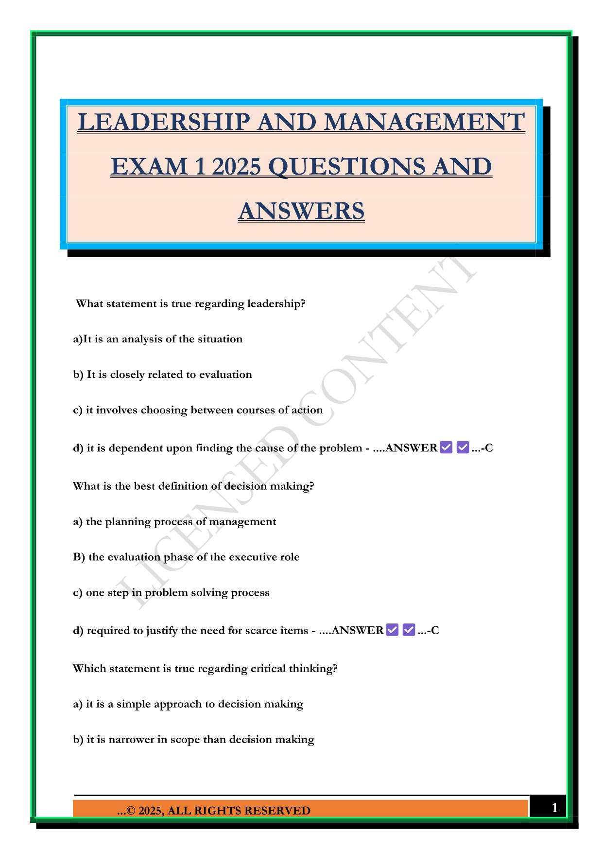 LEADERSHIP AND MANAGEMENT EXAM 1 2025 QUESTIONS AND ANSWERS