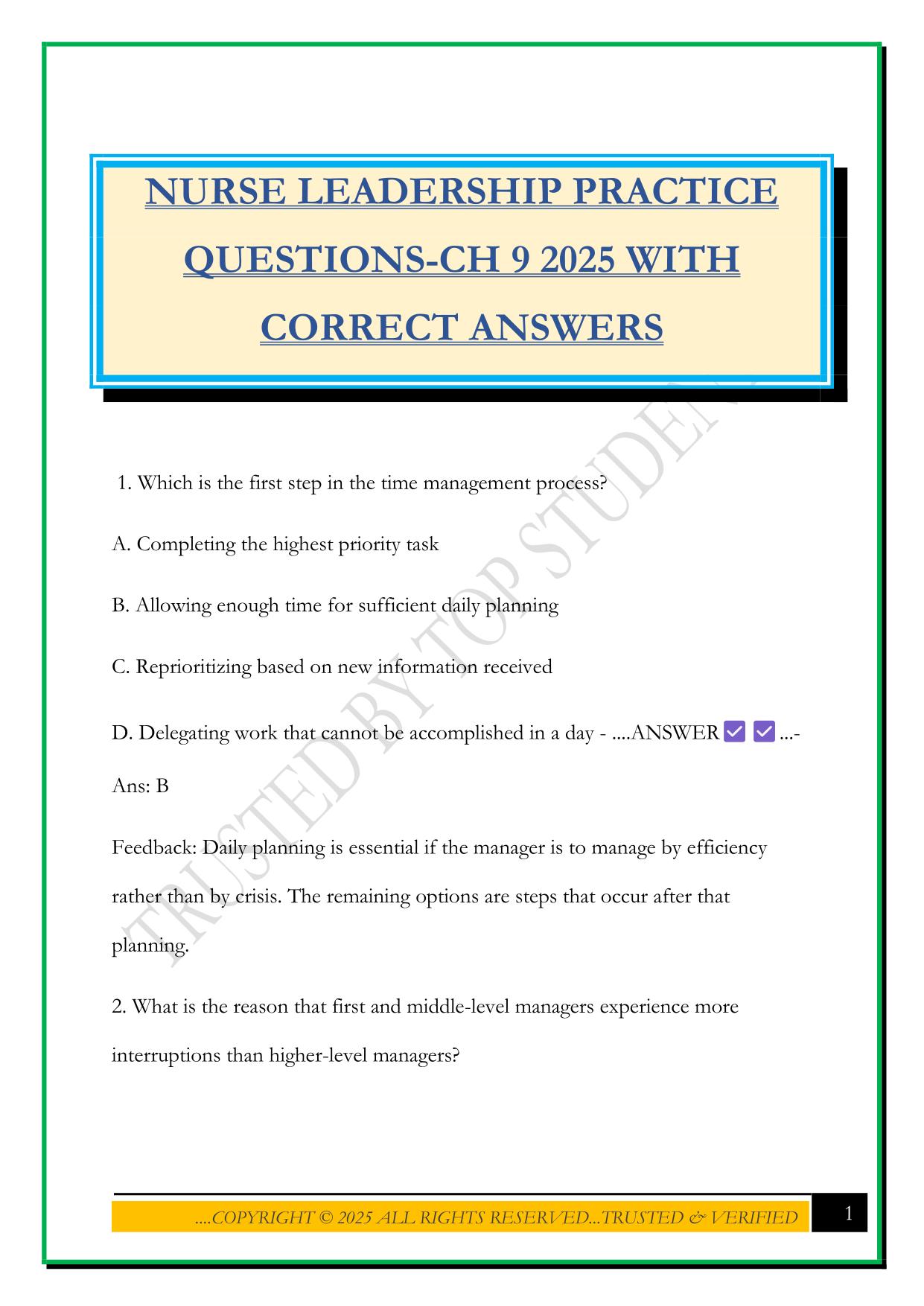 NURSE LEADERSHIP PRACTICE QUESTIONS-CH 9 2025 WITH CORRECT ANSWERS