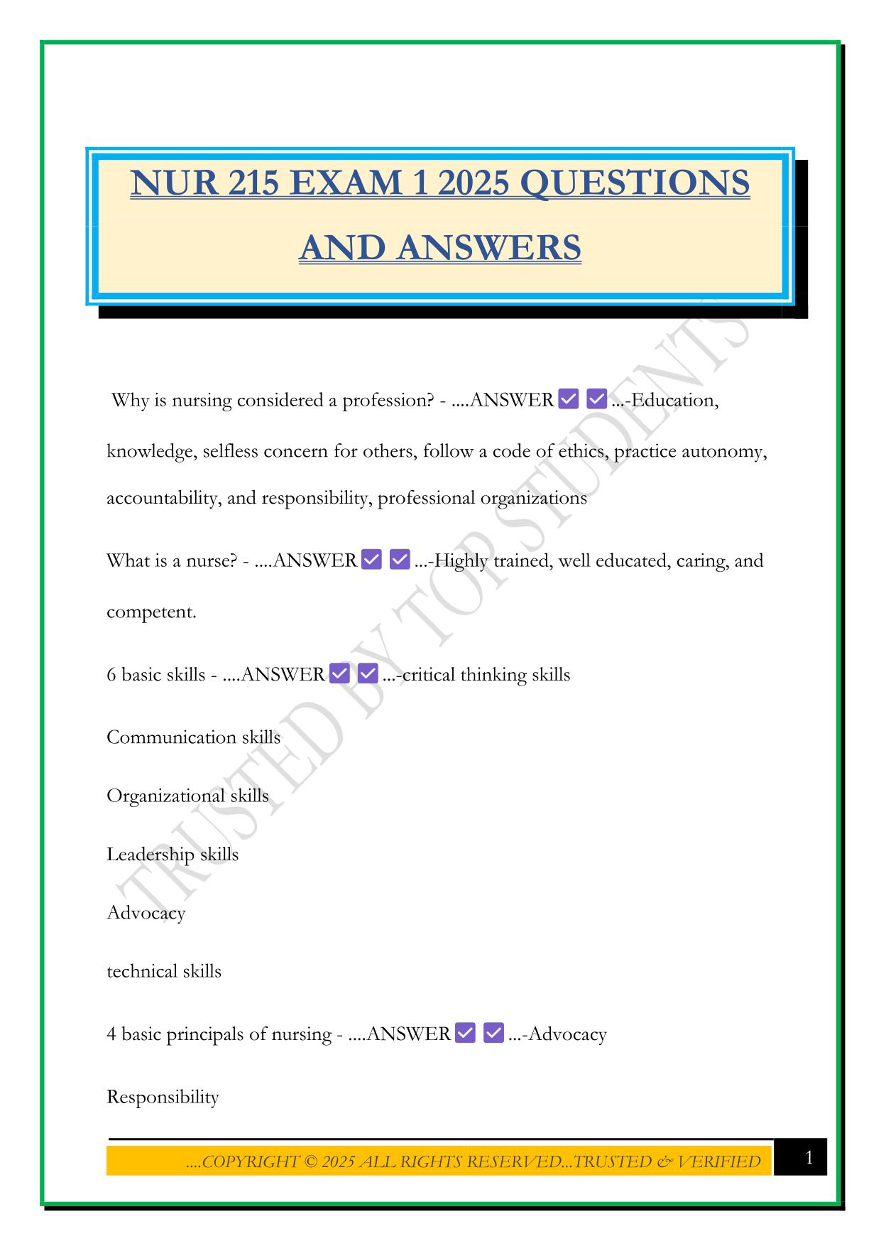 NUR 215 EXAM 1 2025 QUESTIONS AND ANSWERS