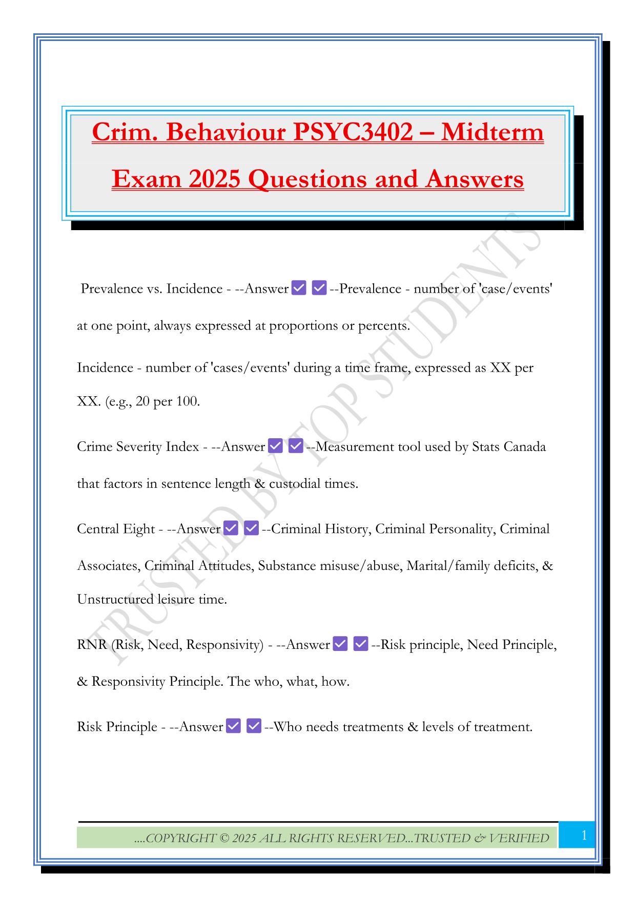 Crim. Behaviour PSYC3402 – Midterm Exam 2025 Questions and Answers