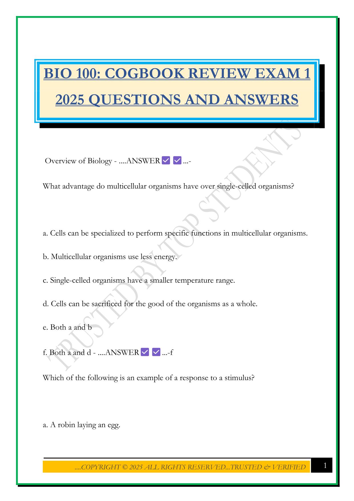 BIO 100: COGBOOK REVIEW EXAM 1 2025 QUESTIONS AND ANSWERS