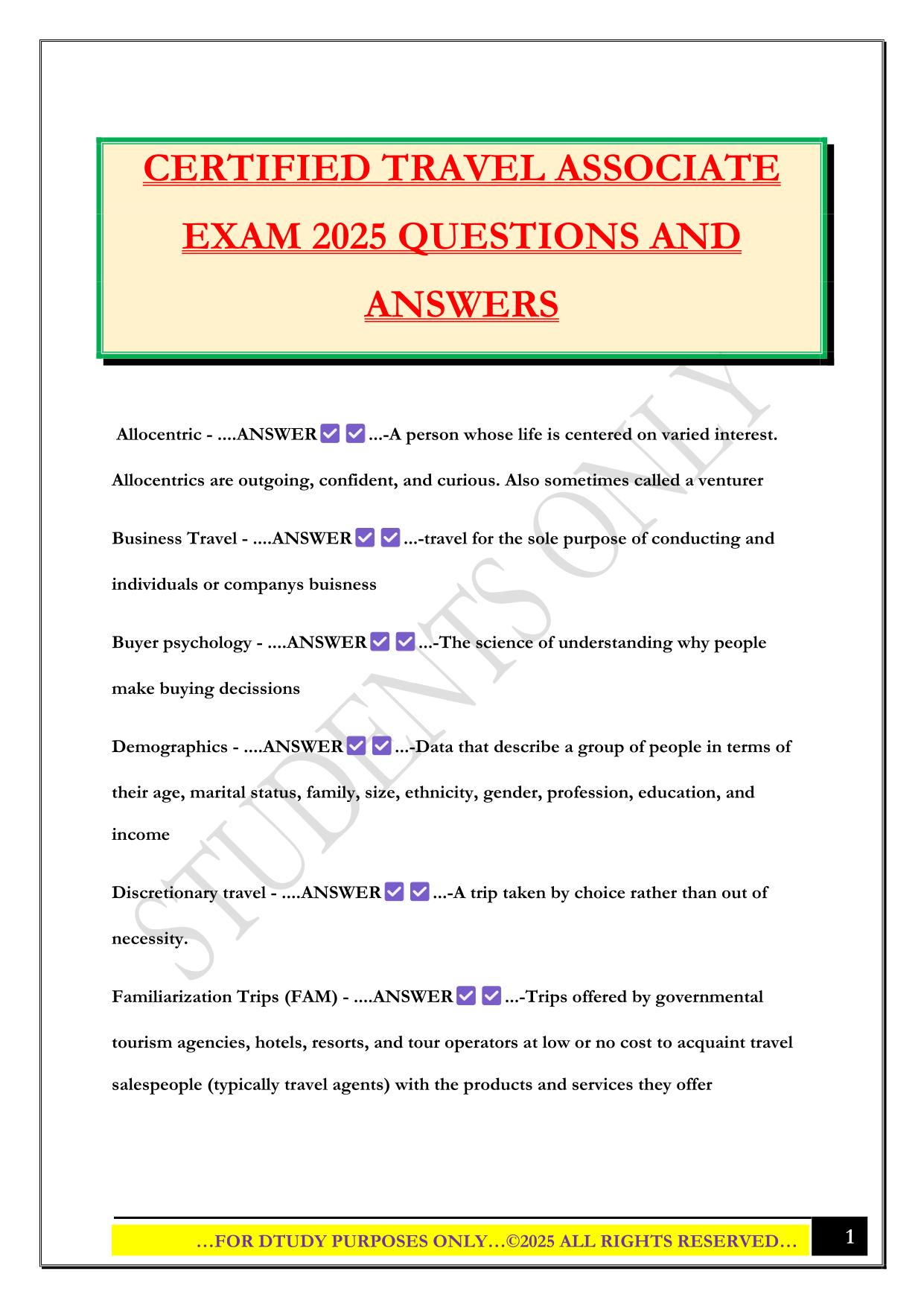CERTIFIED TRAVEL ASSOCIATE EXAM 2025 QUESTIONS AND ANSWERS