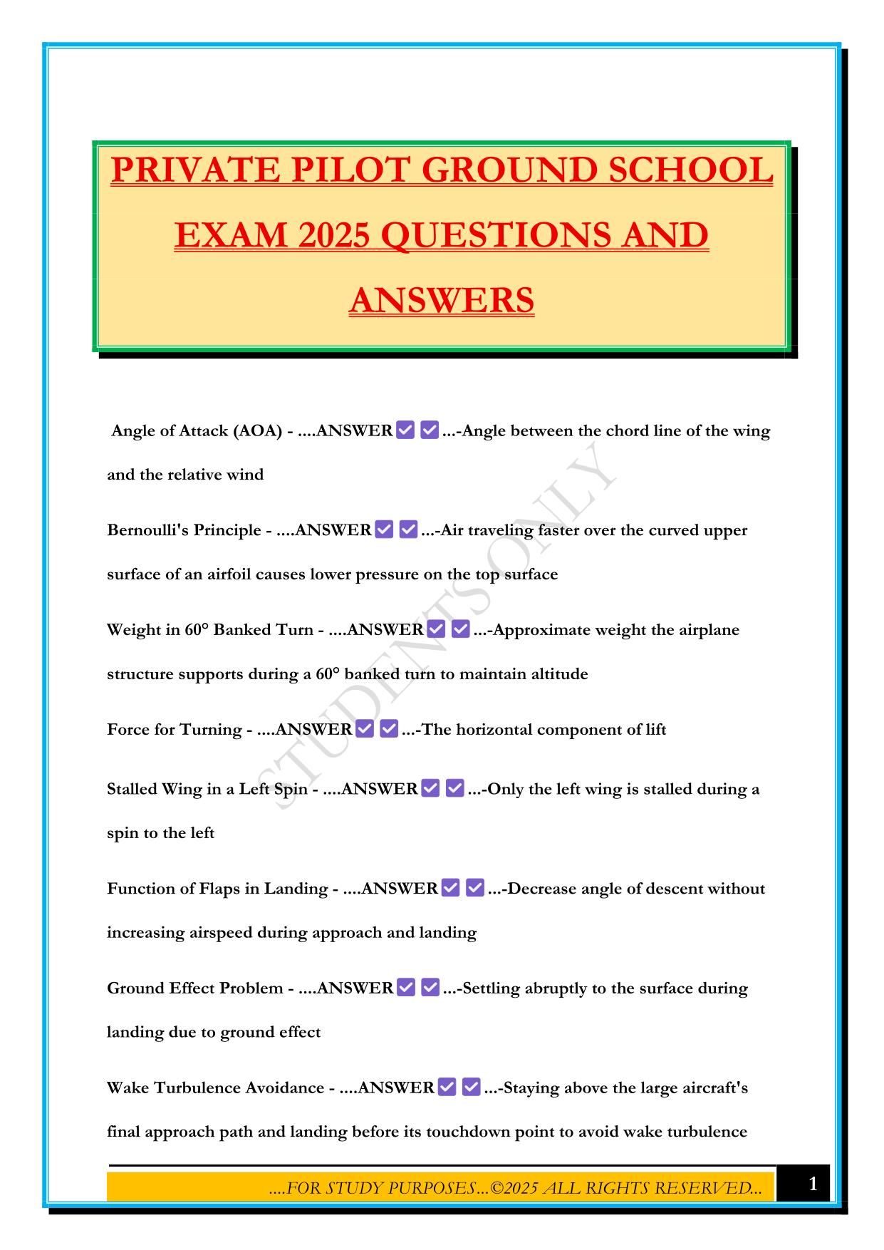 PRIVATE PILOT Bundled Exams 2025/2026 |Questions and Answers |100% Pass