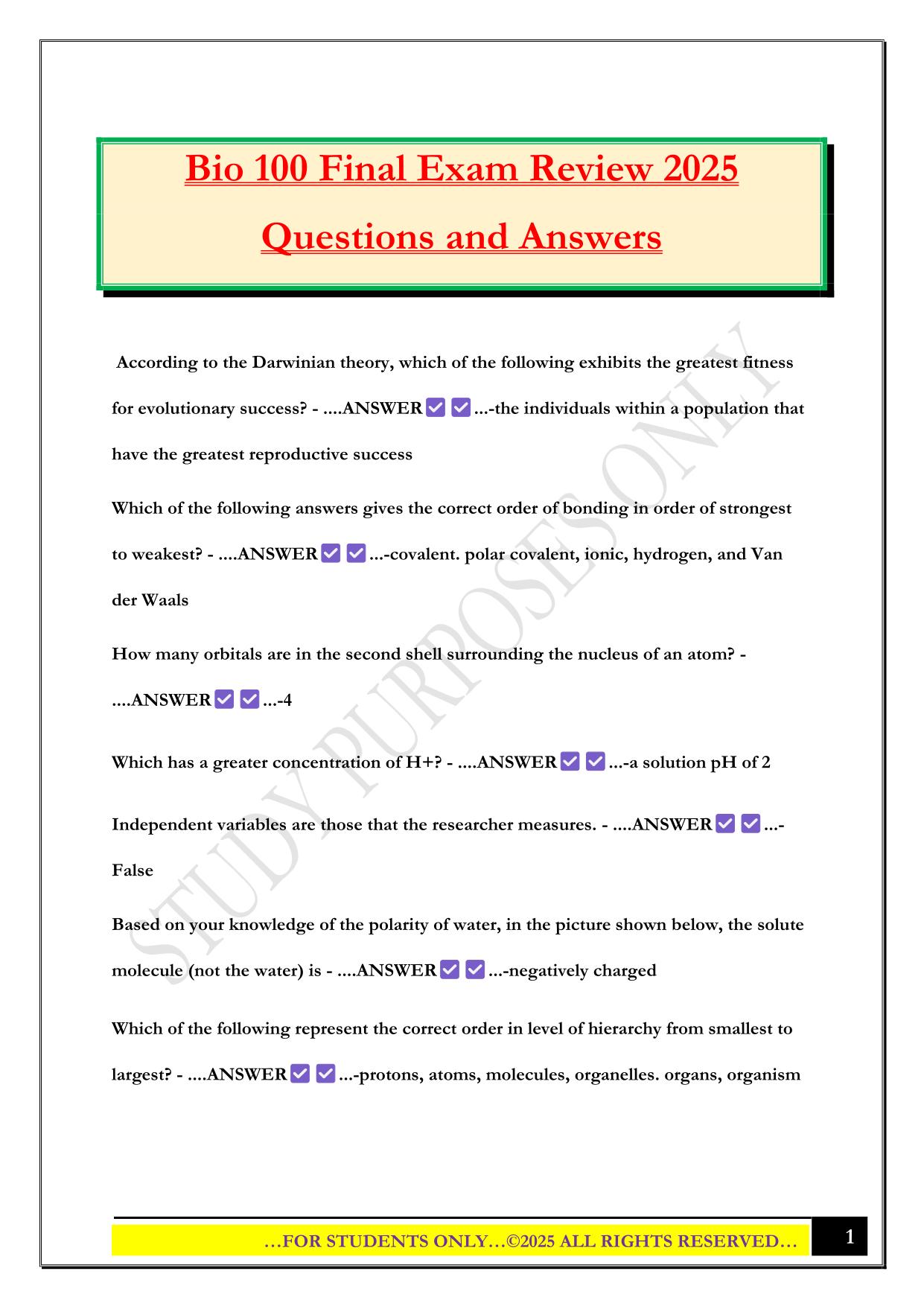 Bio 100 Final Exam Review 2025 Questions and Answers