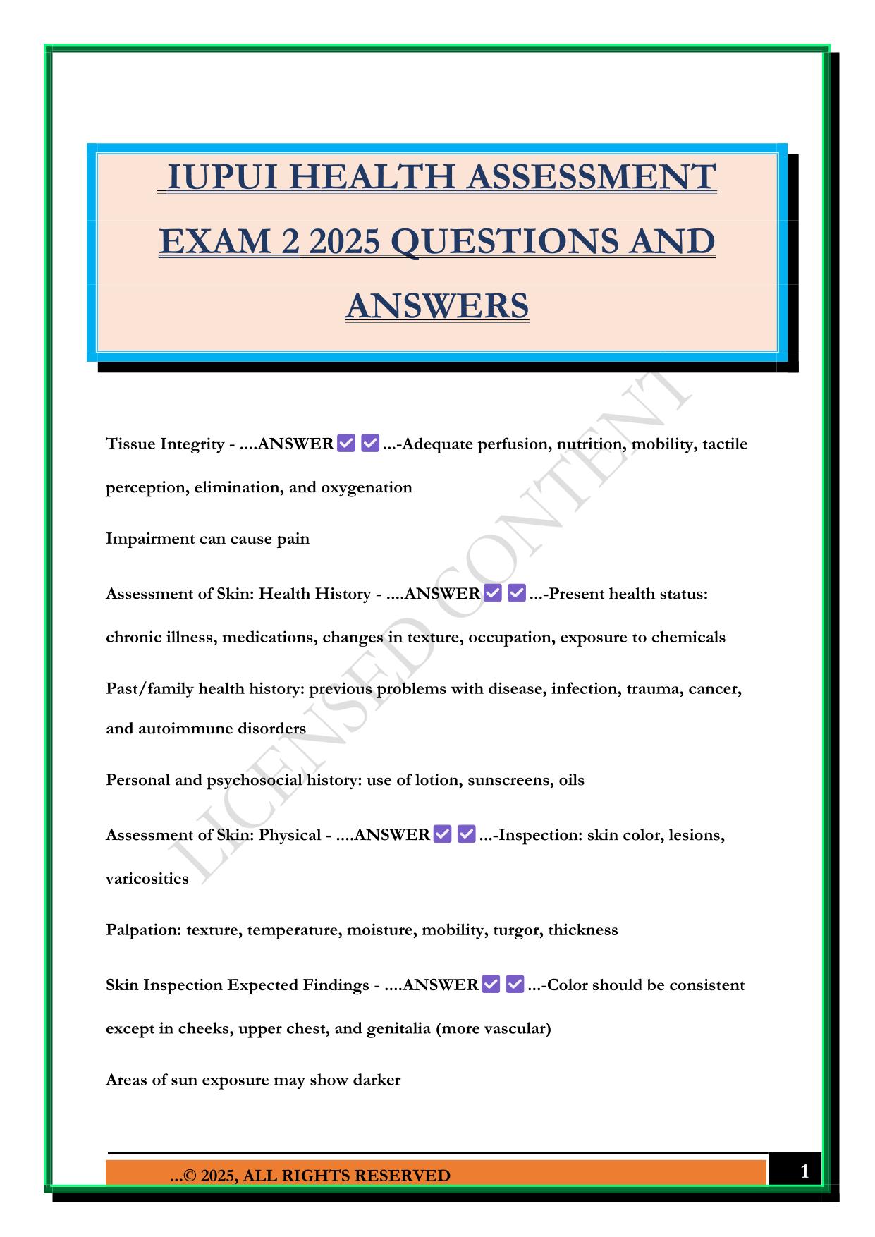 IUPUI HEALTH ASSESSMENT EXAM 2 2025 QUESTIONS AND ANSWERS